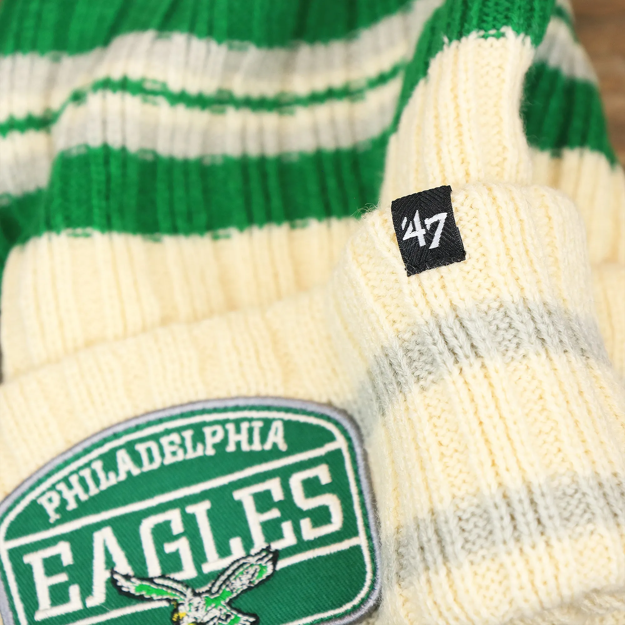 1987 Philadelphia Eagles Legacy Patch Pom Pom Beanie | Natural Beanie