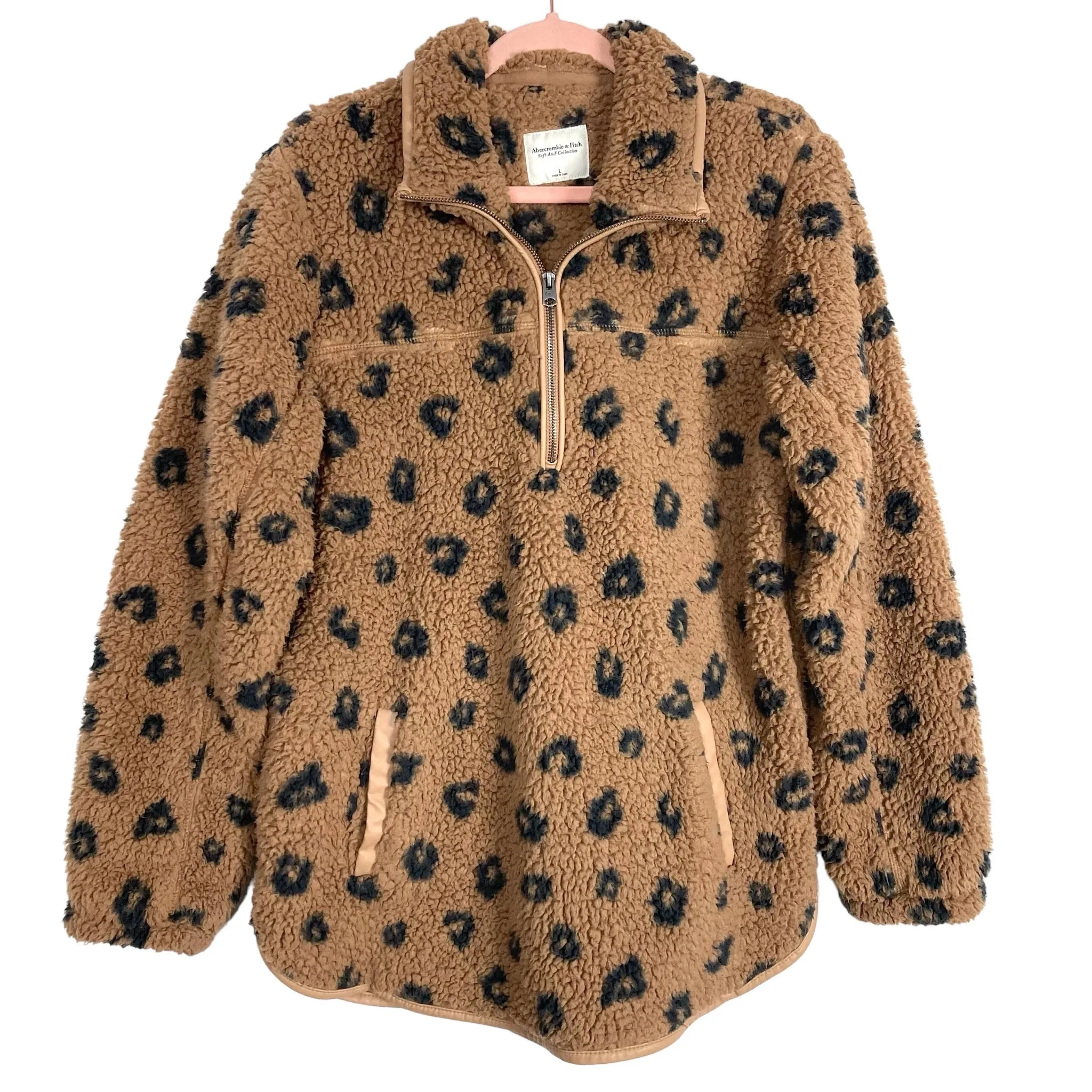 Abercrombie & Fitch Brown/Black Animal Print Half-Zip with Faux Leather Trim Sherpa Pullover- Size L (sold out online)