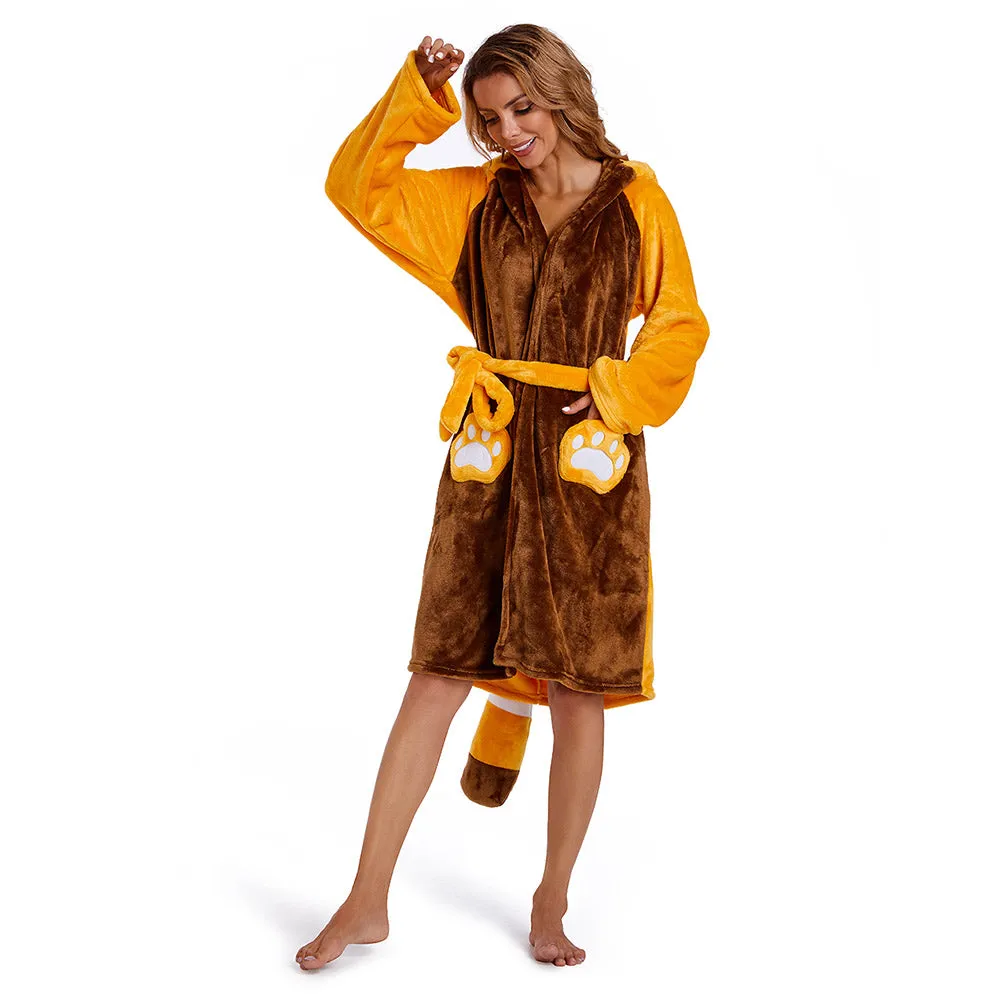 Adult Red Panda Flannel Pajamas Bathrobe for Women and Men - Warm Cartoon Animal Sleepwear Gown