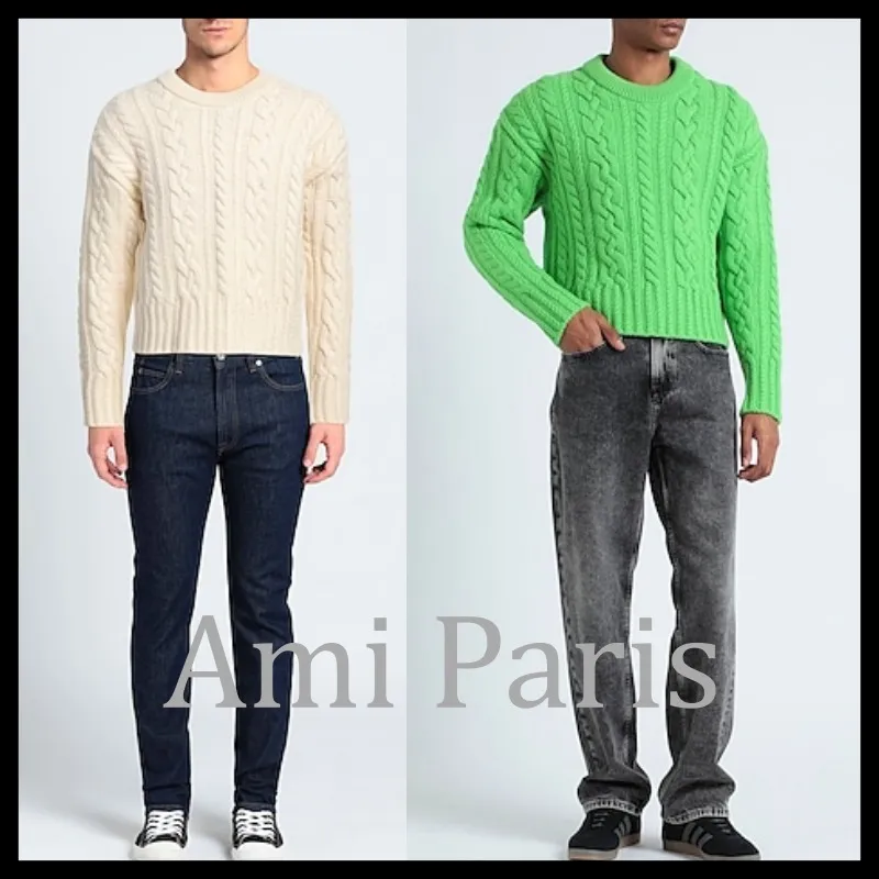 AMI PARIS Cable Knit Pullovers Wool Street Style U-Neck Long Sleeves