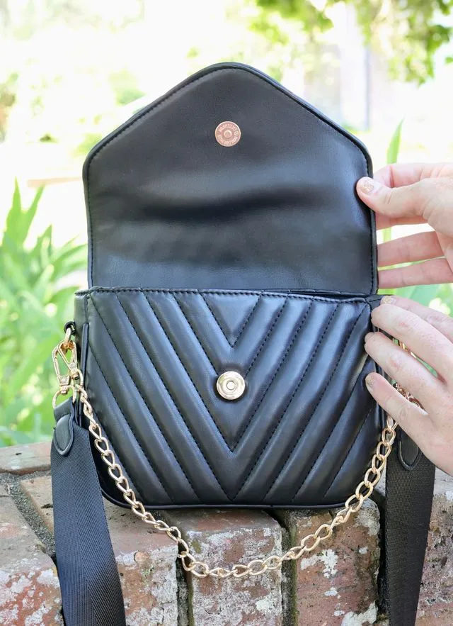 Angela Crossbody Black V Quilted Bag