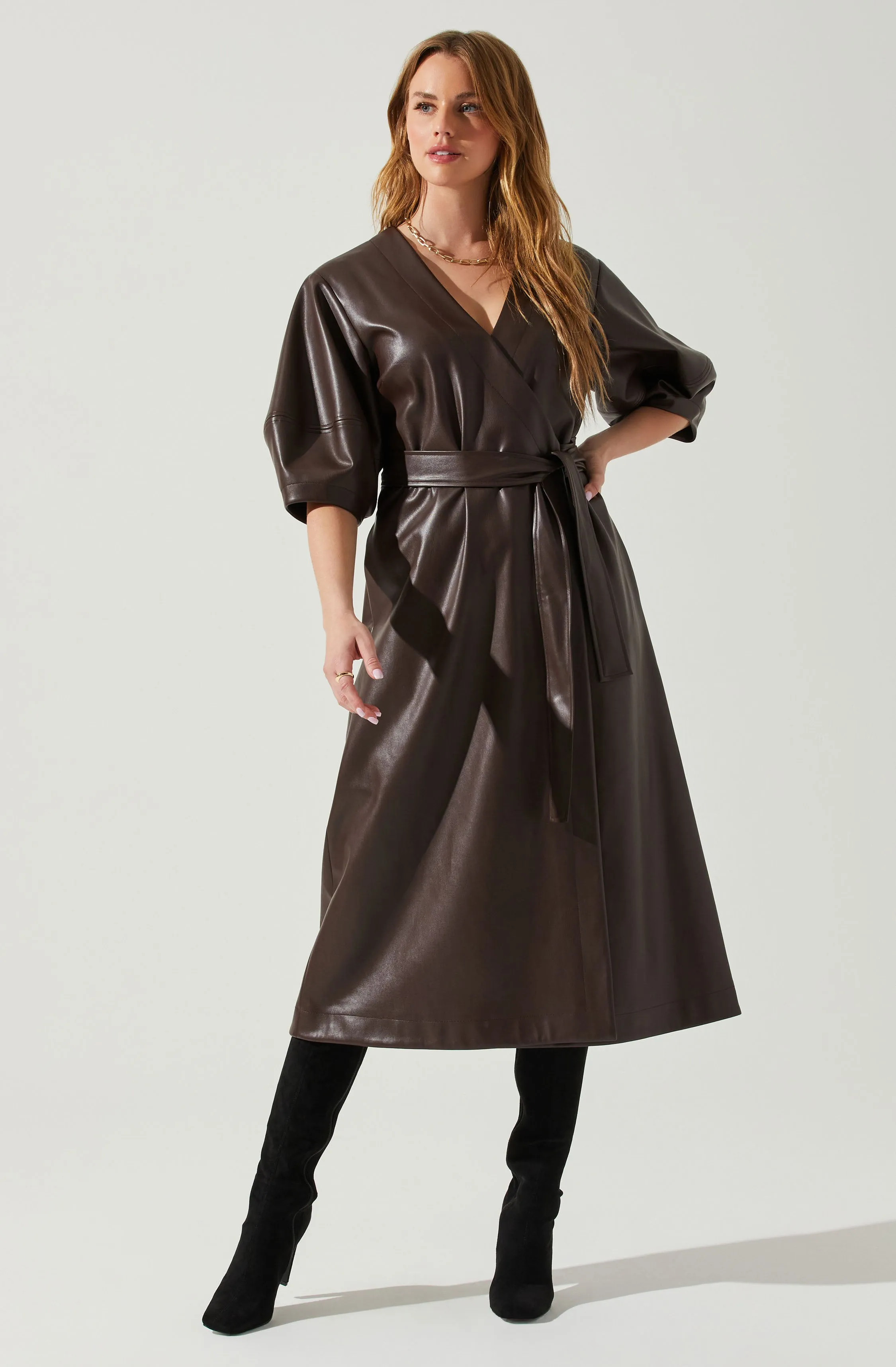 Angie Faux Leather Tie Waist Midi Dress