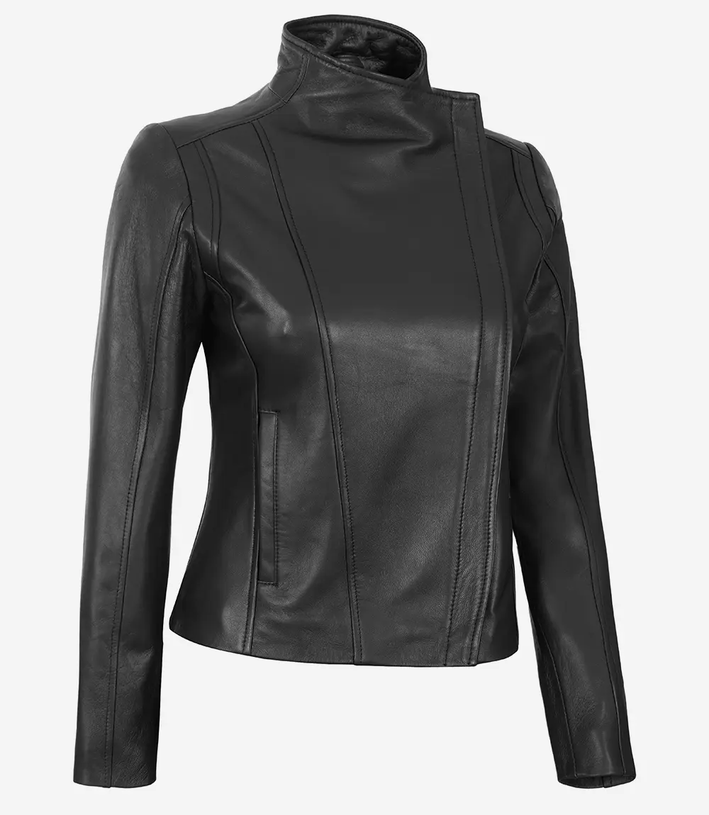 Arezzo Black Flap Closure Leather Cafe Racer Jacket