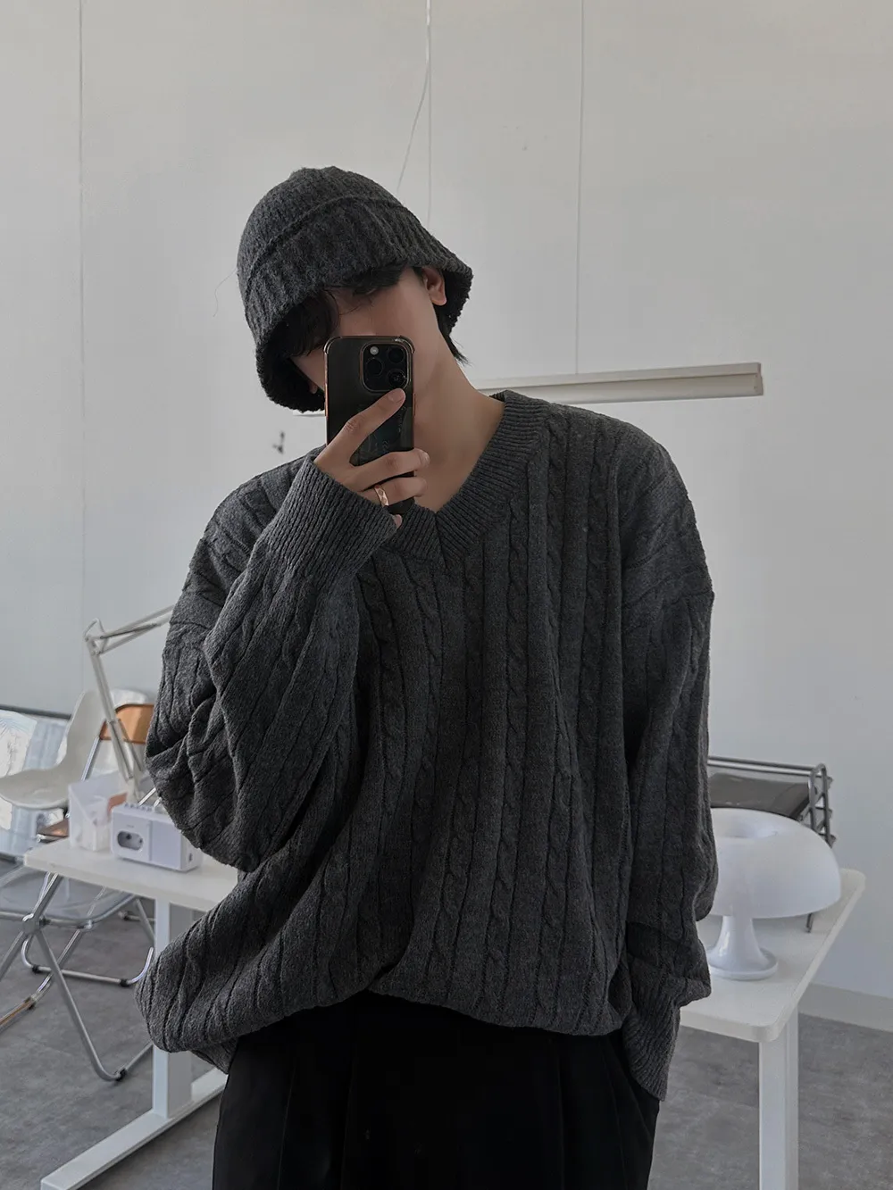 ASCLO | Cable Knit Pullovers - Unisex Street Style V-Neck Long Sleeves