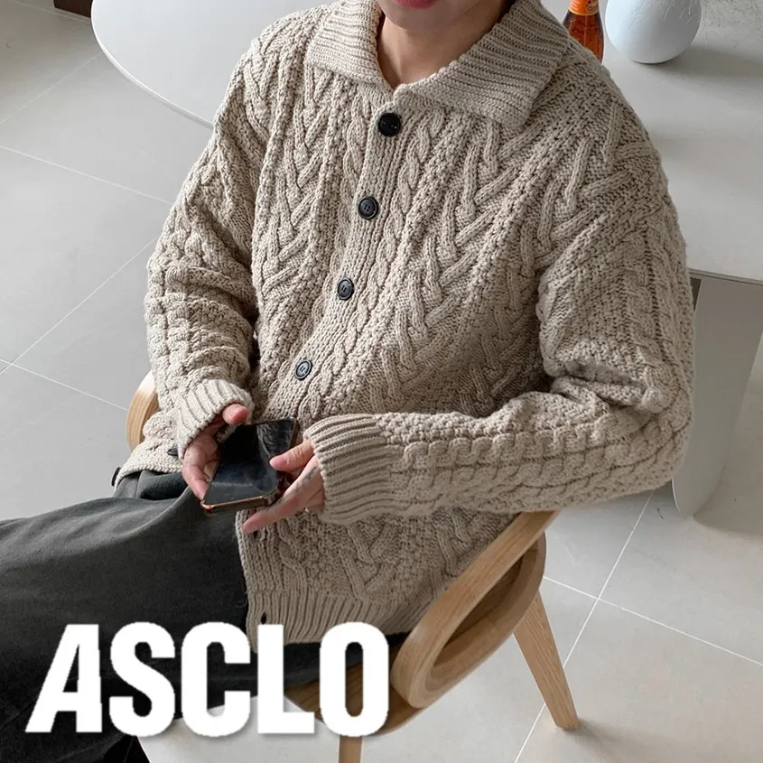 ASCLO Cable Knit Unisex Cashmere Low Gauge Street Style Oversized