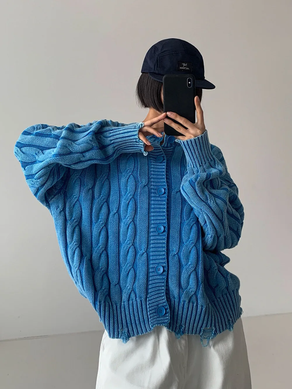 ASCLO Cable Knit Unisex Street Style Plain Cotton Oversized