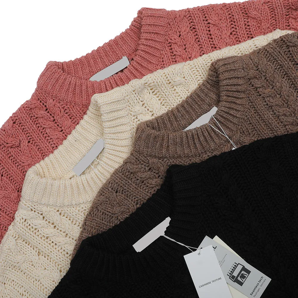 ASCLO Crew Neck Cable Knit Pullovers Unisex Cashmere Low Gauge