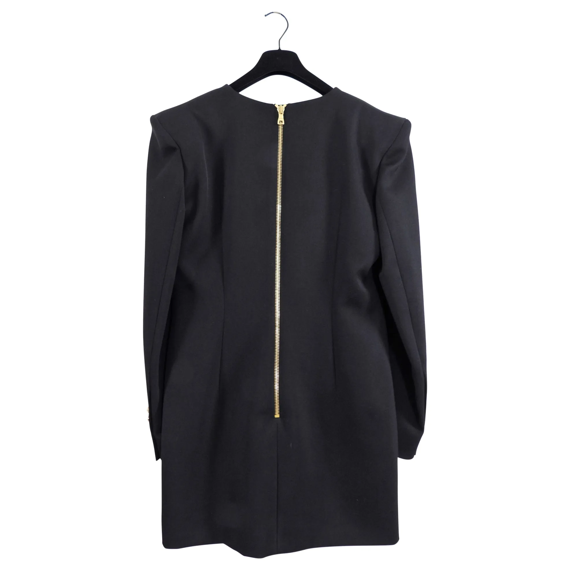 Balmain Black Wool Cache-Coeur Blazer Dress with Gold Buttons - Size 12 US