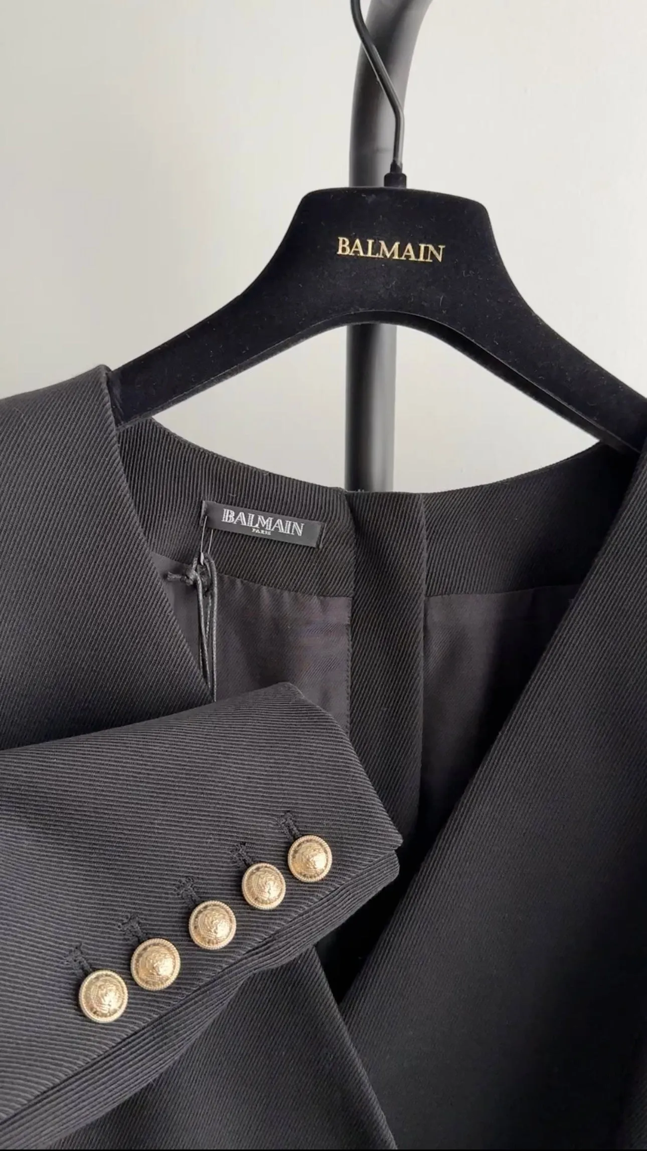 Balmain Black Wool Cache-Coeur Blazer Dress with Gold Buttons - Size 12 US