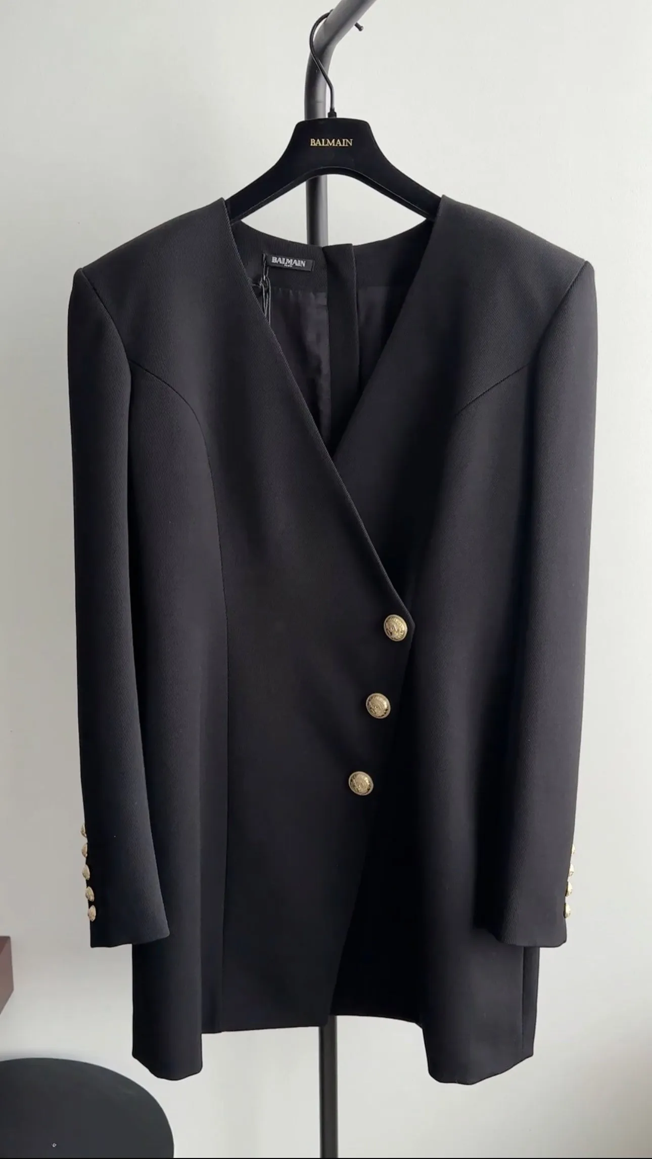 Balmain Black Wool Cache-Coeur Blazer Dress with Gold Buttons - Size 12 US