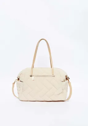 Beige nylon bowling bag with quilted design.