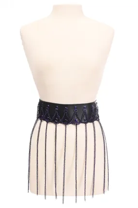 Black Faux Leather & Purple Metallic Chain Fringe Skirt