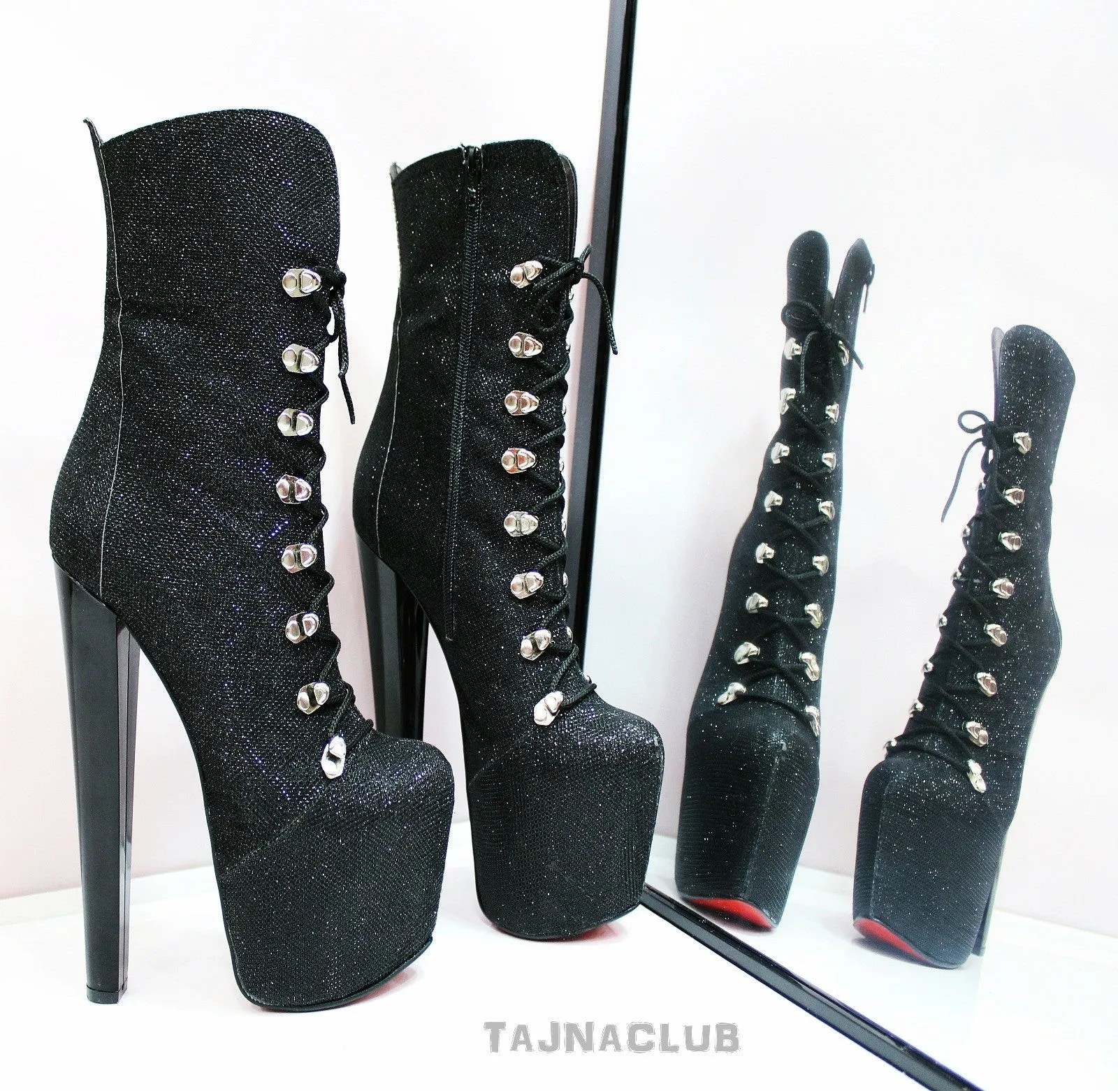 Black Glitter Lace Up Platform Boots