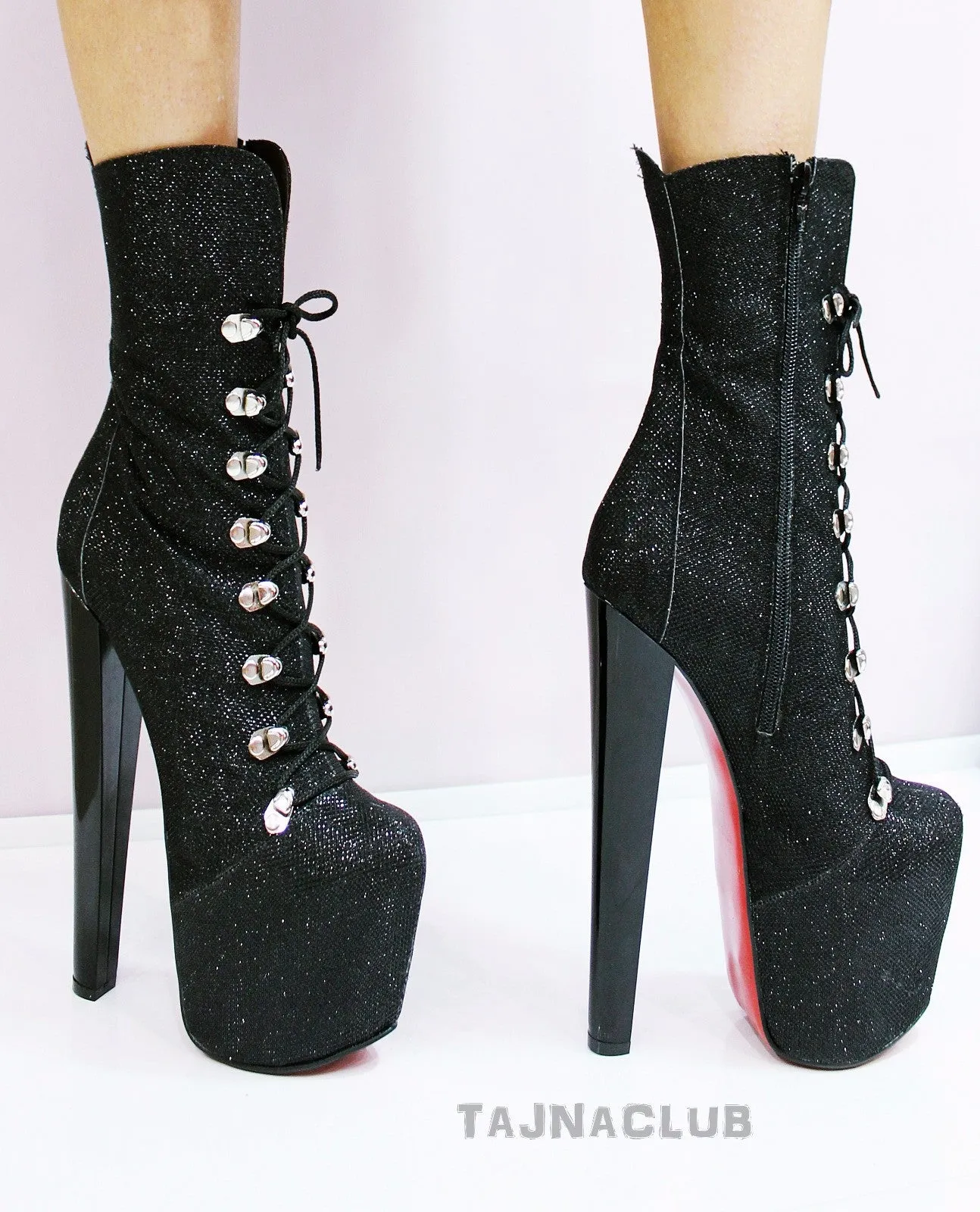 Black Glitter Lace Up Platform Boots