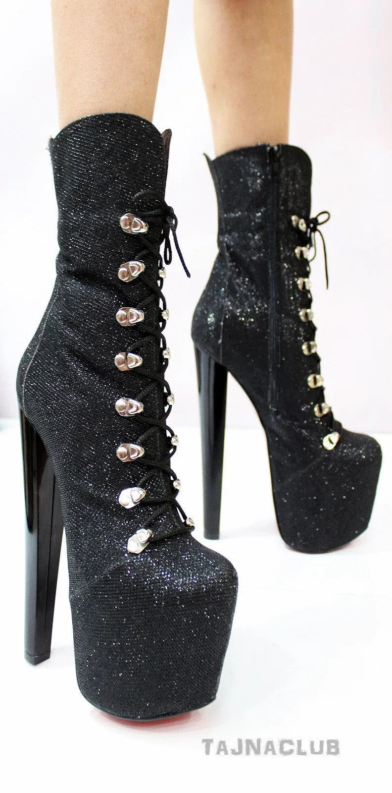 Black Glitter Lace Up Platform Boots