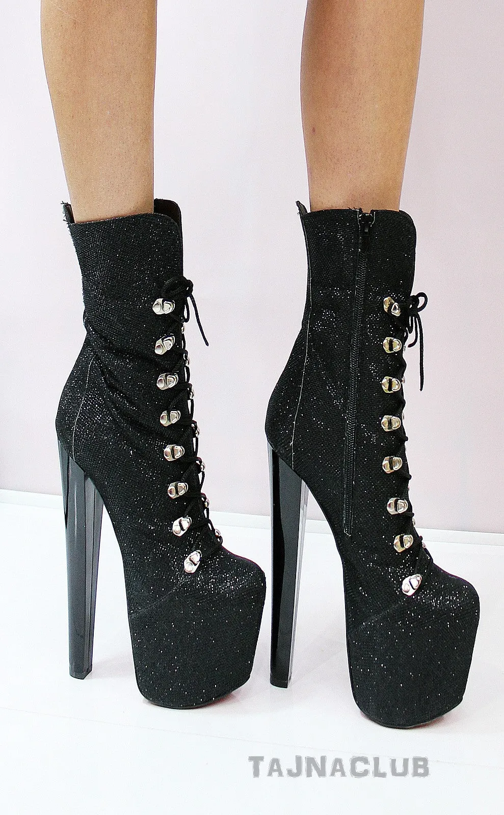 Black Glitter Lace Up Platform Boots