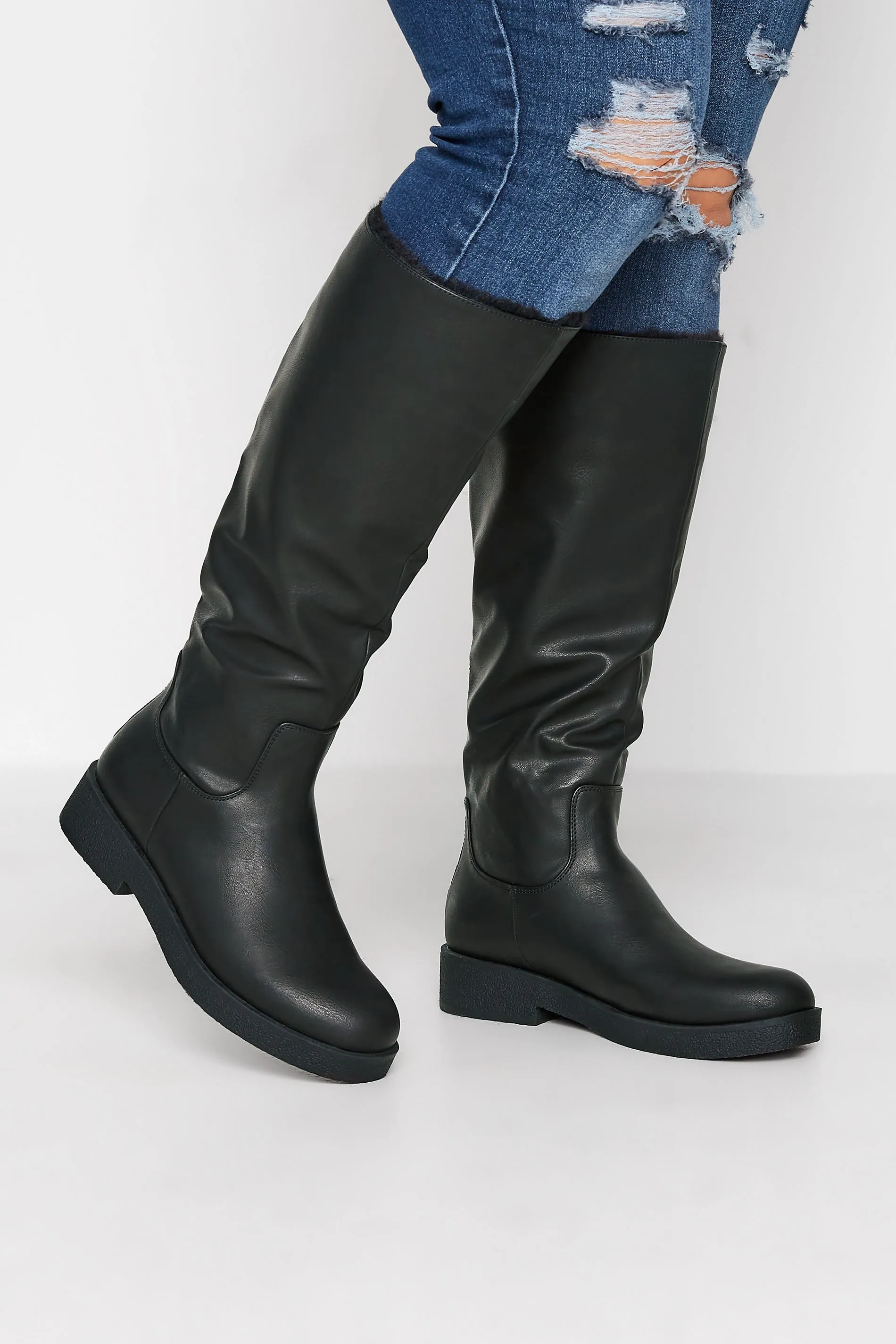 Black Knee High Boots with Fur Lining - Wide Fit