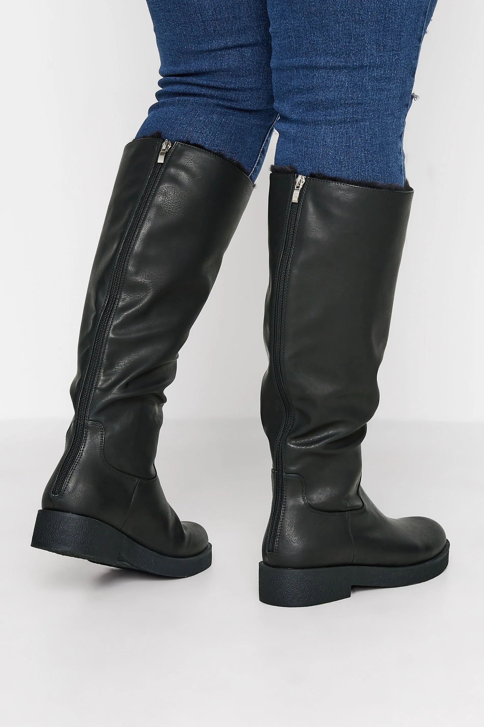 Black Knee High Boots with Fur Lining - Wide Fit