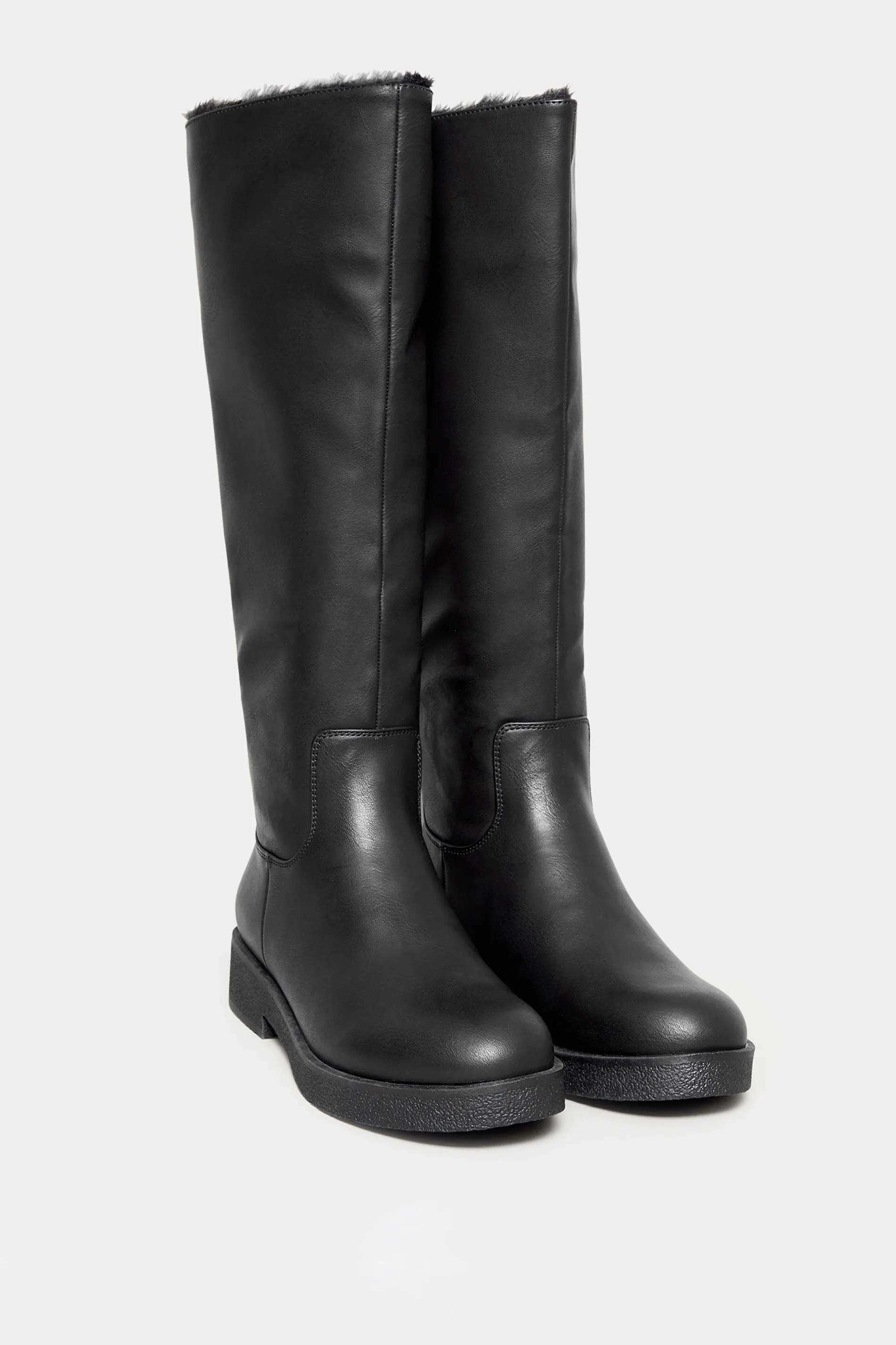 Black Knee High Boots with Fur Lining - Wide Fit