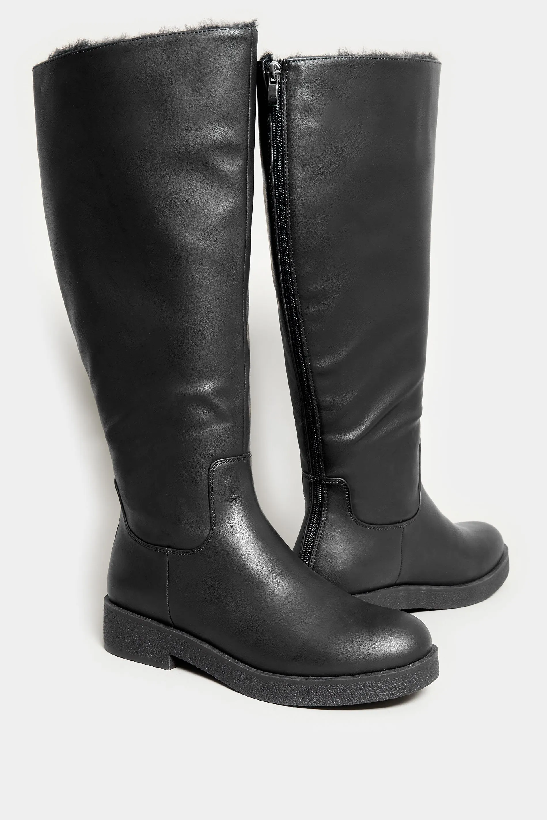 Black Knee High Boots with Fur Lining - Wide Fit