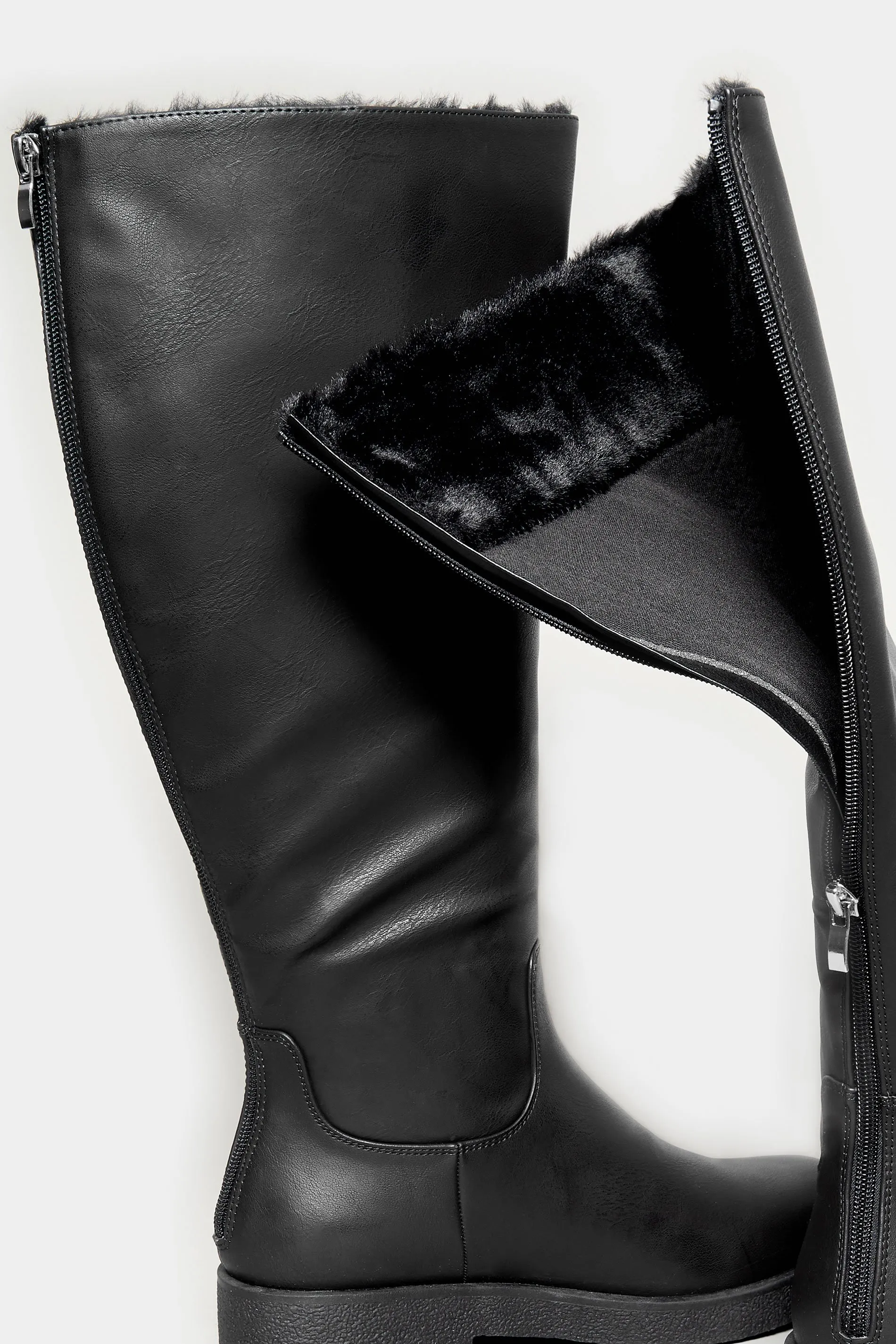 Black Knee High Boots with Fur Lining - Wide Fit