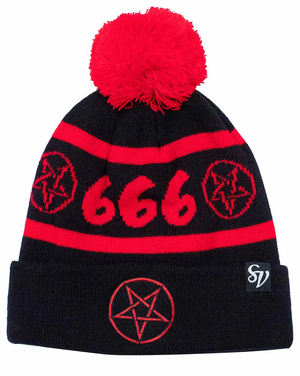 Black Pentagram Beanie with Pom Pom - Edgy, Stylish, and Trendy 666 Design