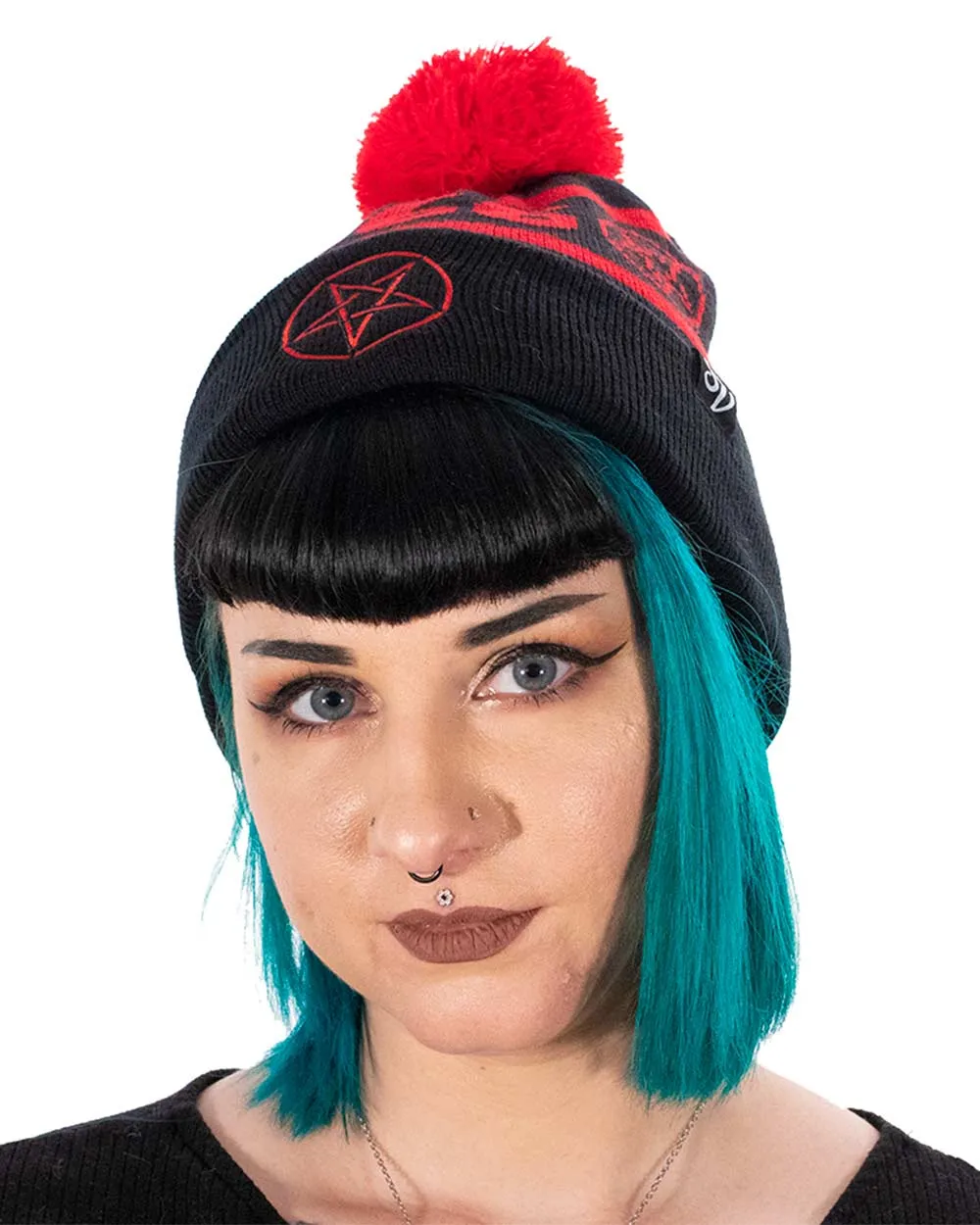 Black Pentagram Beanie with Pom Pom - Edgy, Stylish, and Trendy 666 Design