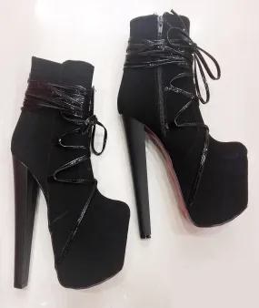 Black Suede Platform Red High Heel Boots with Lace-Up Design