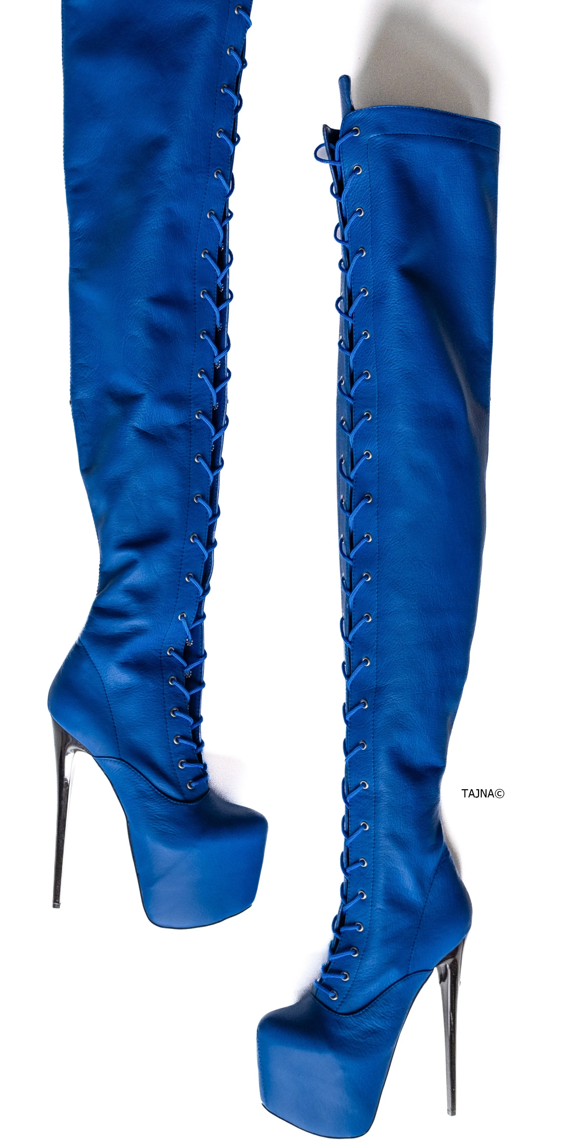 Blue Thigh High Boots in Genuine Leather