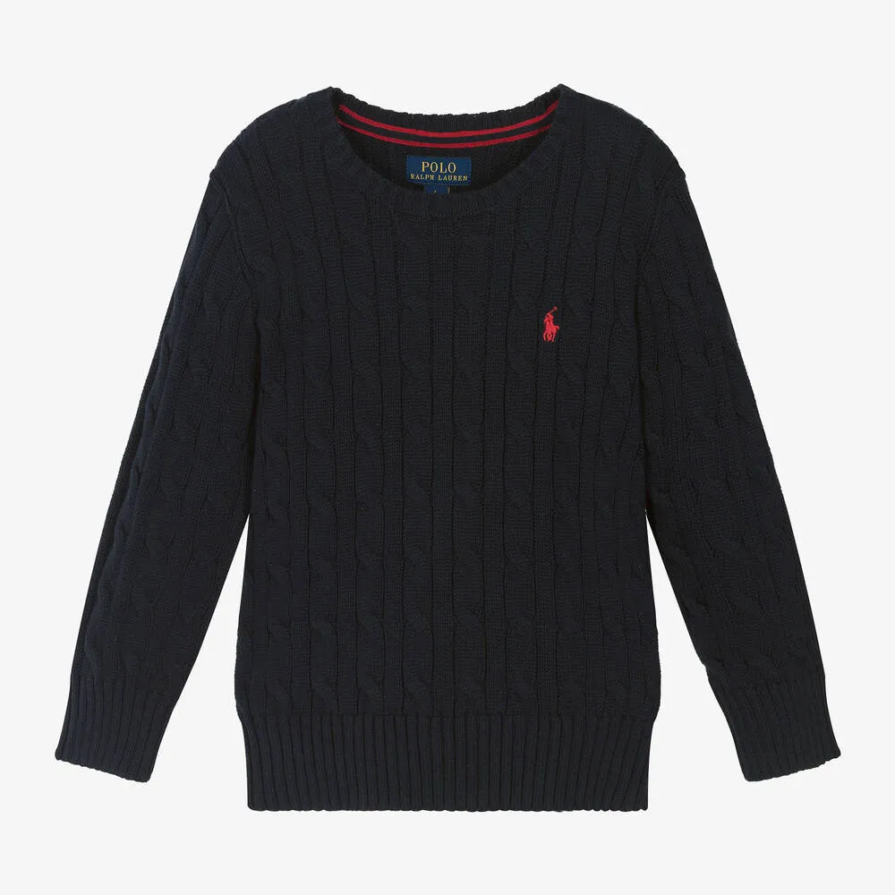 Boys Blue Cotton Cable Knit Sweater