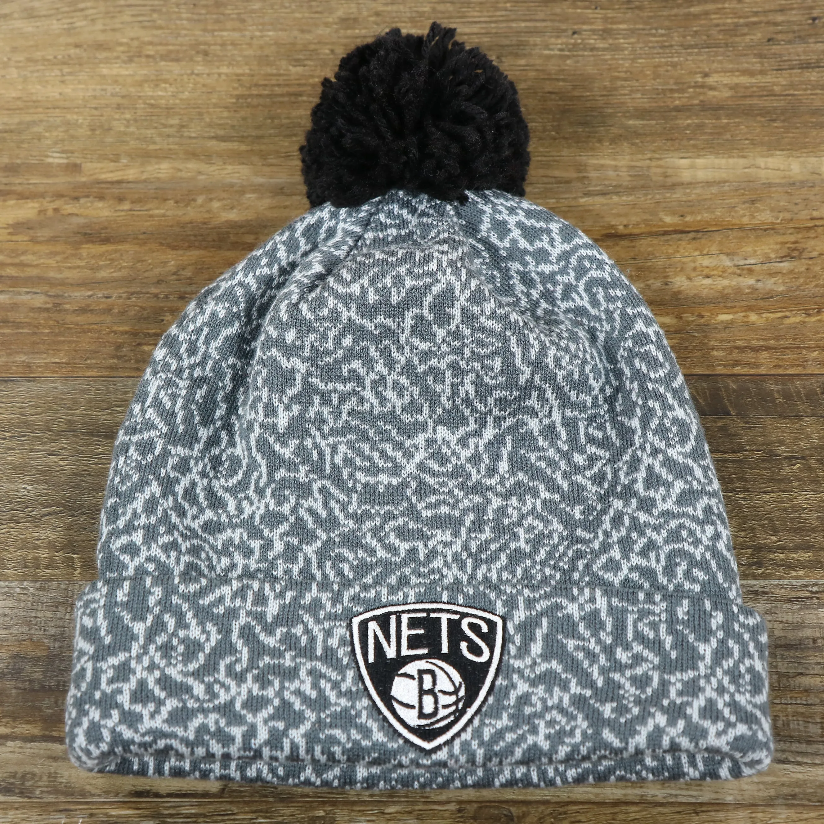 Brooklyn Nets Jordan 3 Concrete Print Winter Beanie | Gray Pom Pom Beanie