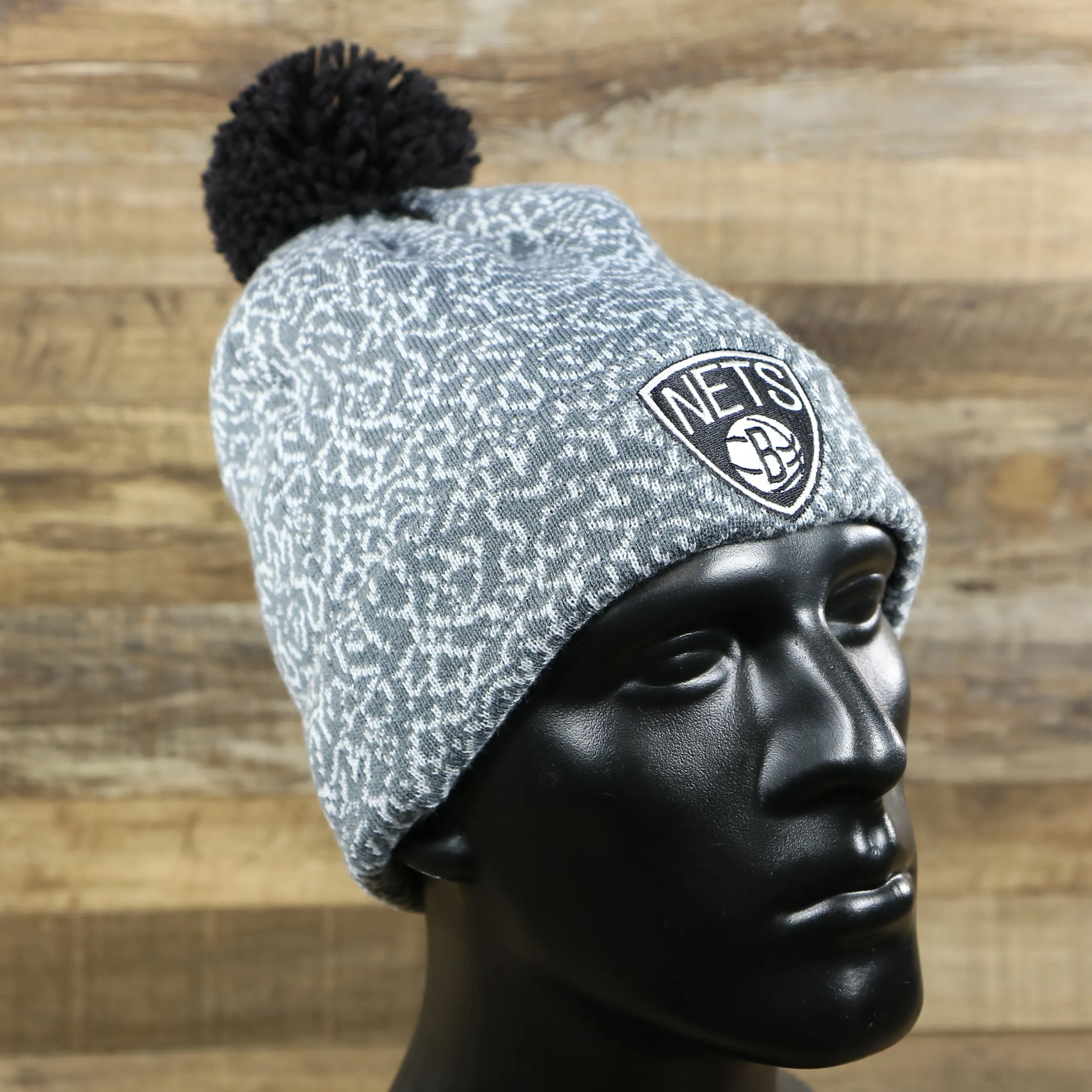 Brooklyn Nets Jordan 3 Concrete Print Winter Beanie | Gray Pom Pom Beanie