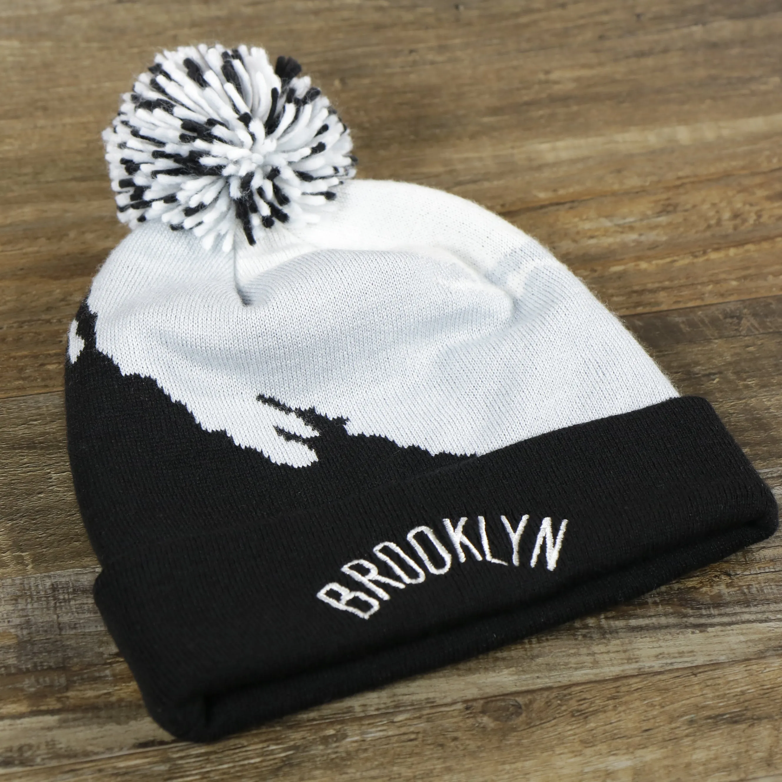 Brooklyn Nets Winter Beanie - Black, Gray, and White with Pom Pom