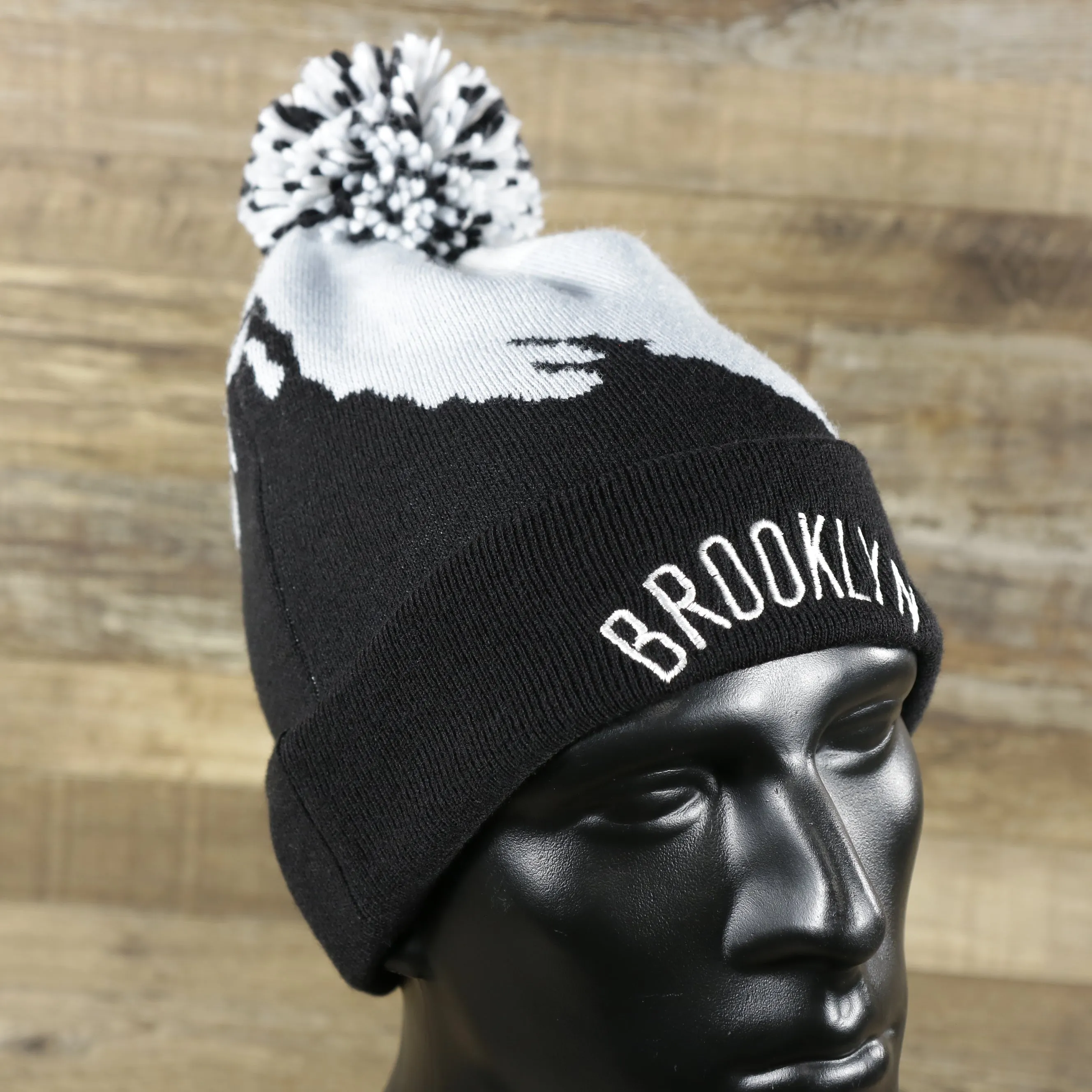 Brooklyn Nets Winter Beanie - Black, Gray, and White with Pom Pom