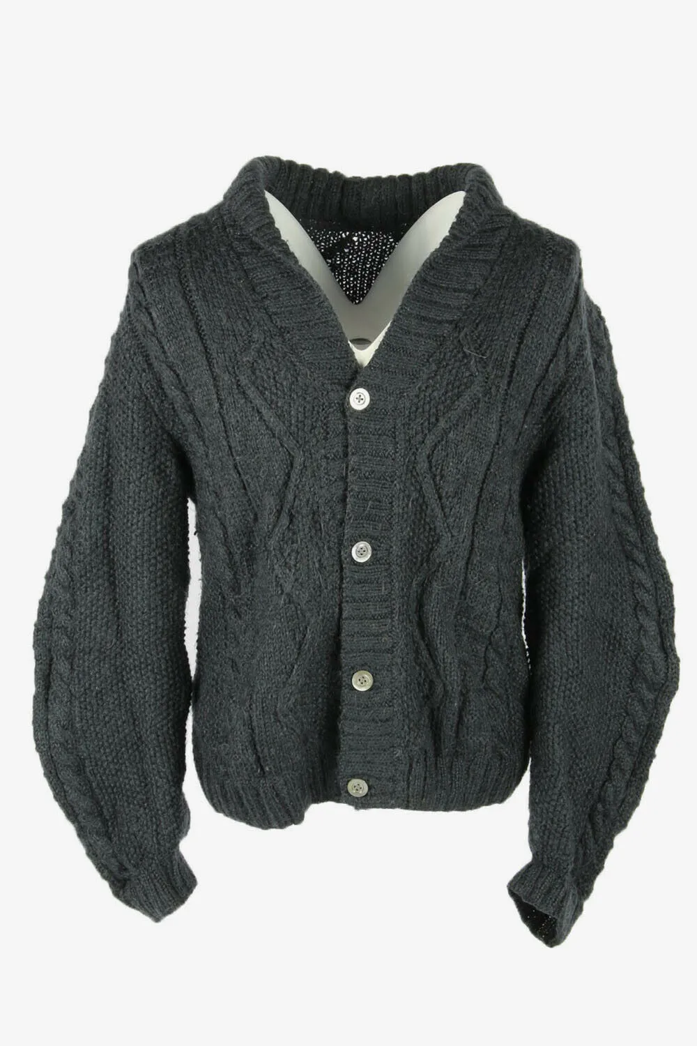 Cable Knit Wool Cardigan Vintage V Neck Button Pullover Dark Grey Size M - Pepper Tree London