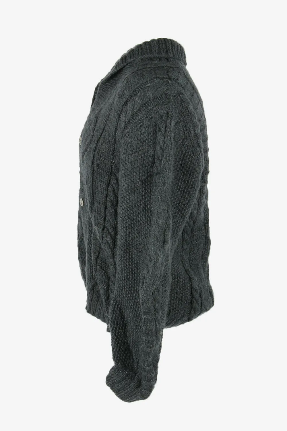 Cable Knit Wool Cardigan Vintage V Neck Button Pullover Dark Grey Size M - Pepper Tree London