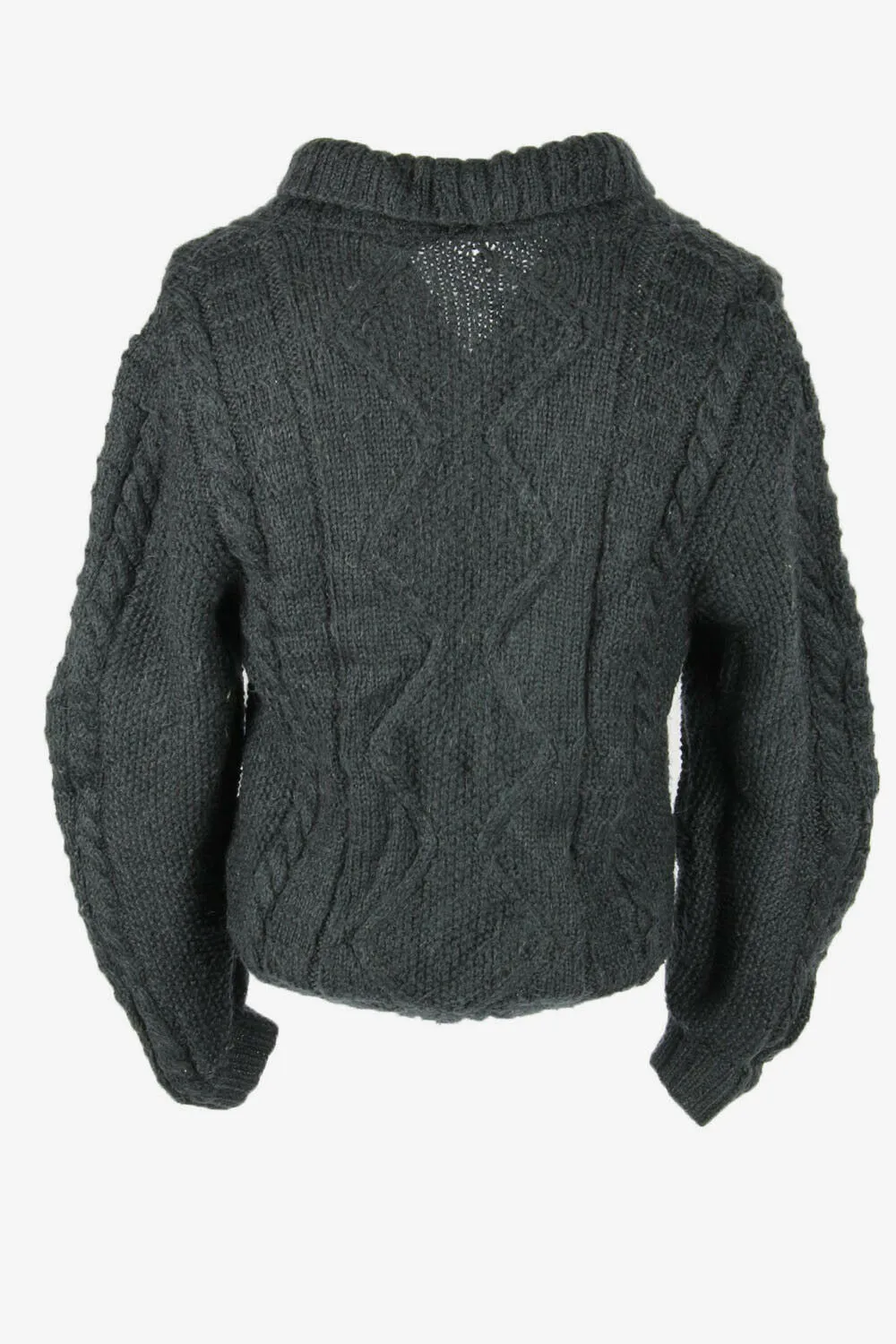 Cable Knit Wool Cardigan Vintage V Neck Button Pullover Dark Grey Size M - Pepper Tree London