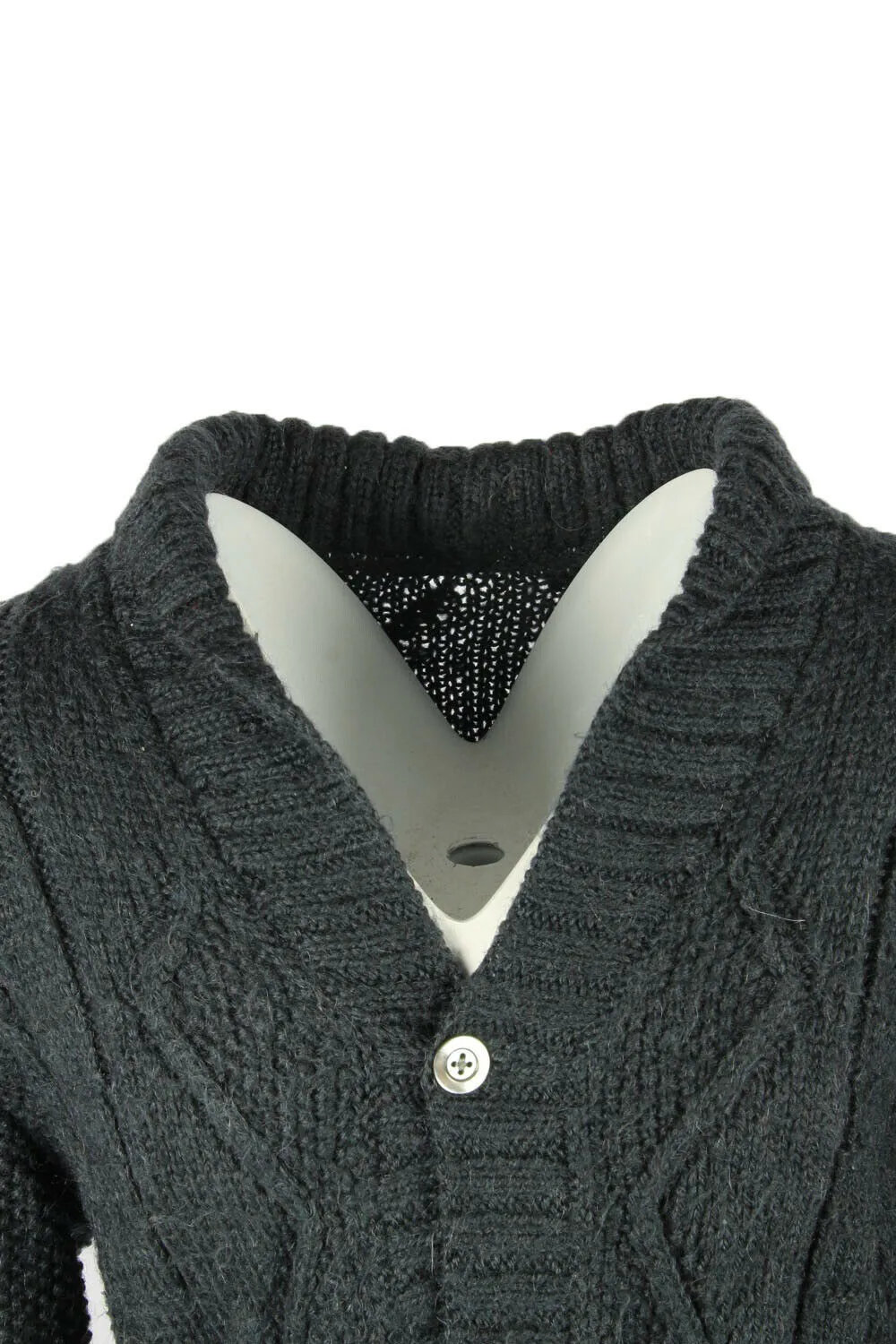 Cable Knit Wool Cardigan Vintage V Neck Button Pullover Dark Grey Size M - Pepper Tree London