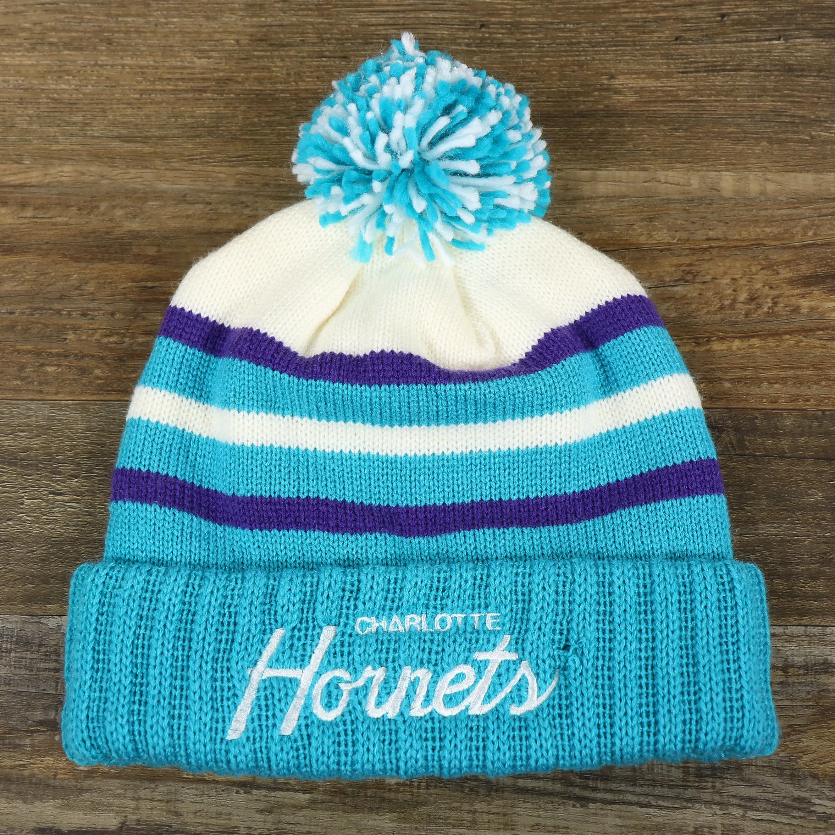 Charlotte Hornets Teal Blue Cursive Wordmark Winter Beanie with Pom Pom | Teal Blue Striped Winter Beanie