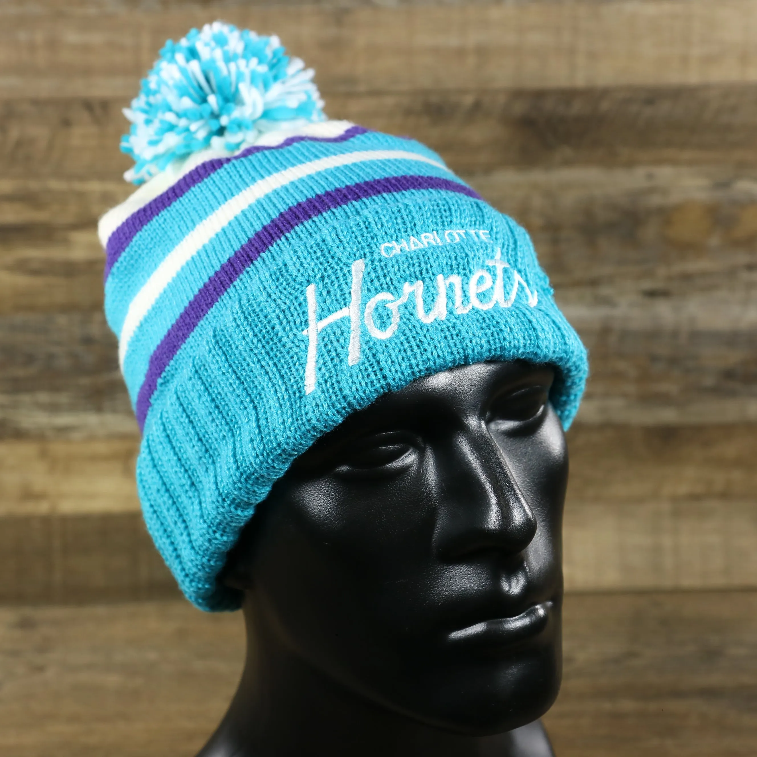 Charlotte Hornets Teal Blue Cursive Wordmark Winter Beanie with Pom Pom | Teal Blue Striped Winter Beanie