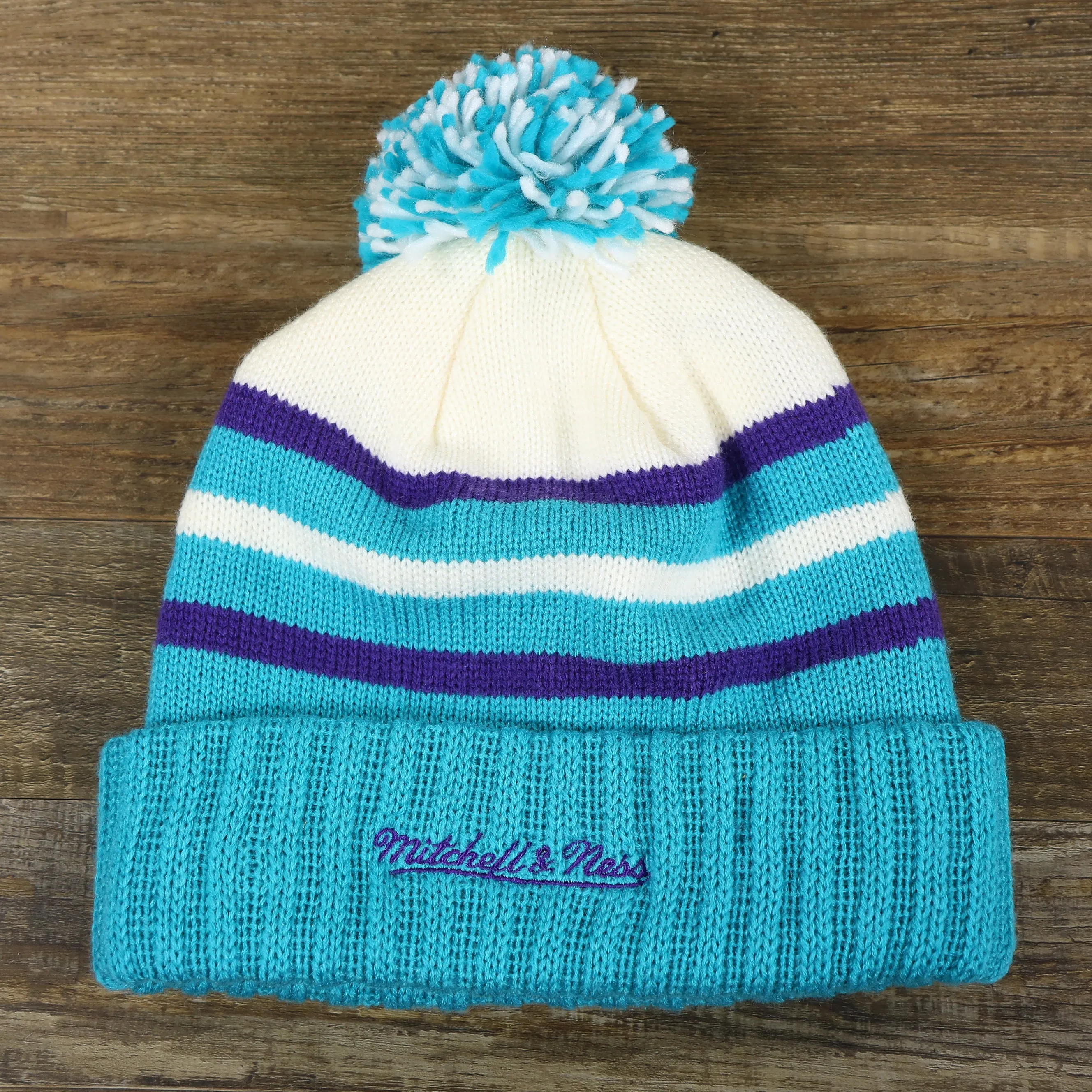 Charlotte Hornets Teal Blue Cursive Wordmark Winter Beanie with Pom Pom | Teal Blue Striped Winter Beanie