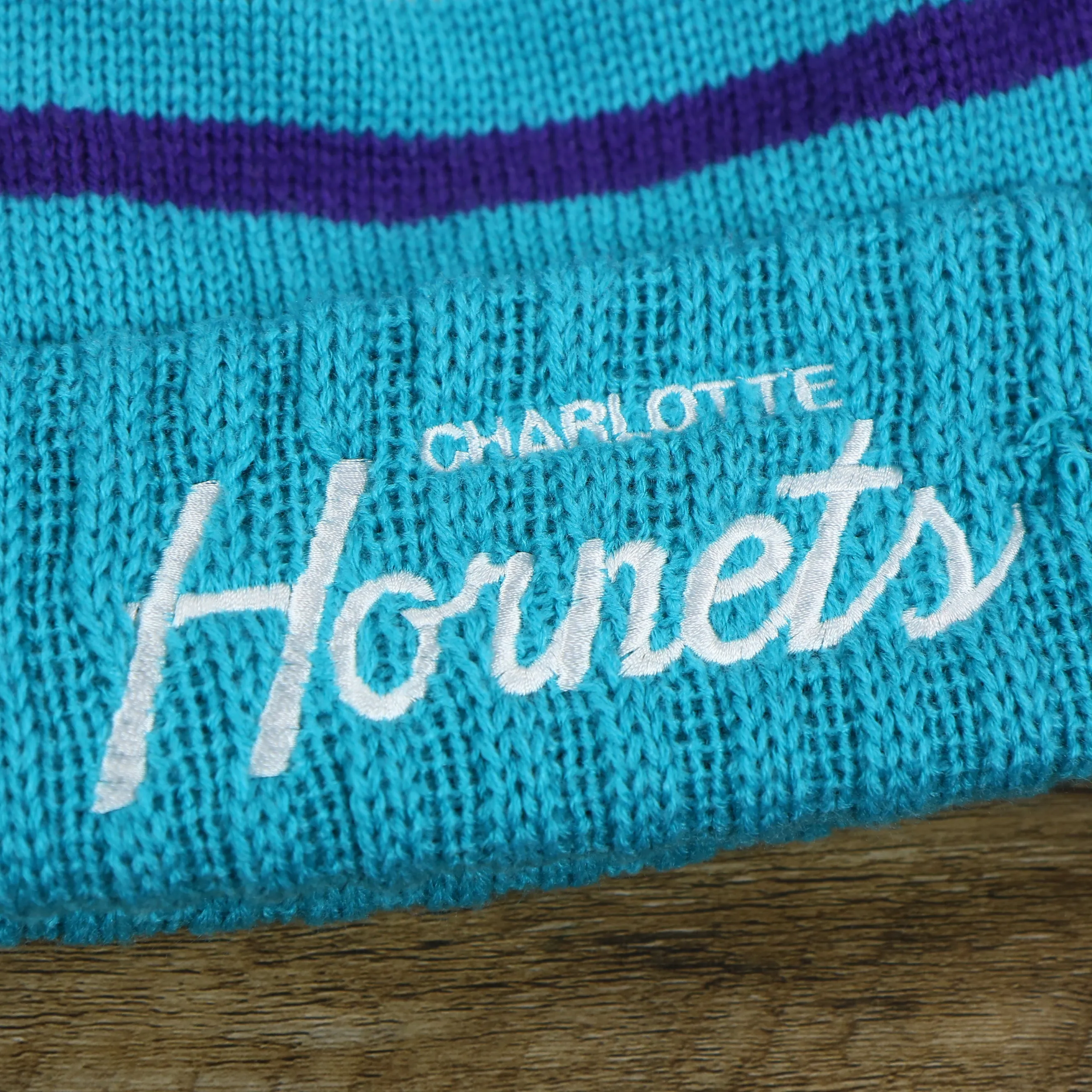 Charlotte Hornets Teal Blue Cursive Wordmark Winter Beanie with Pom Pom | Teal Blue Striped Winter Beanie