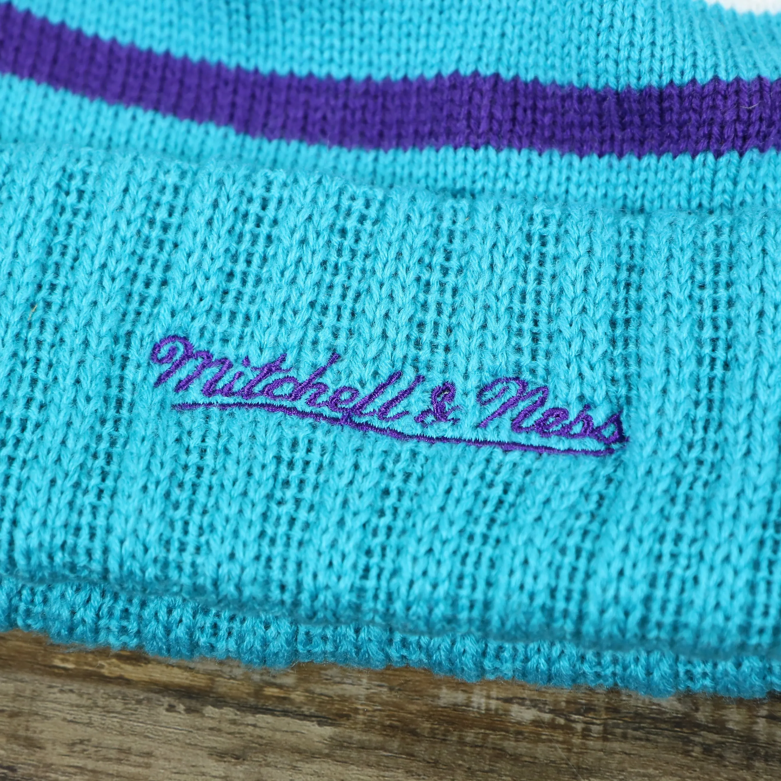 Charlotte Hornets Teal Blue Cursive Wordmark Winter Beanie with Pom Pom | Teal Blue Striped Winter Beanie