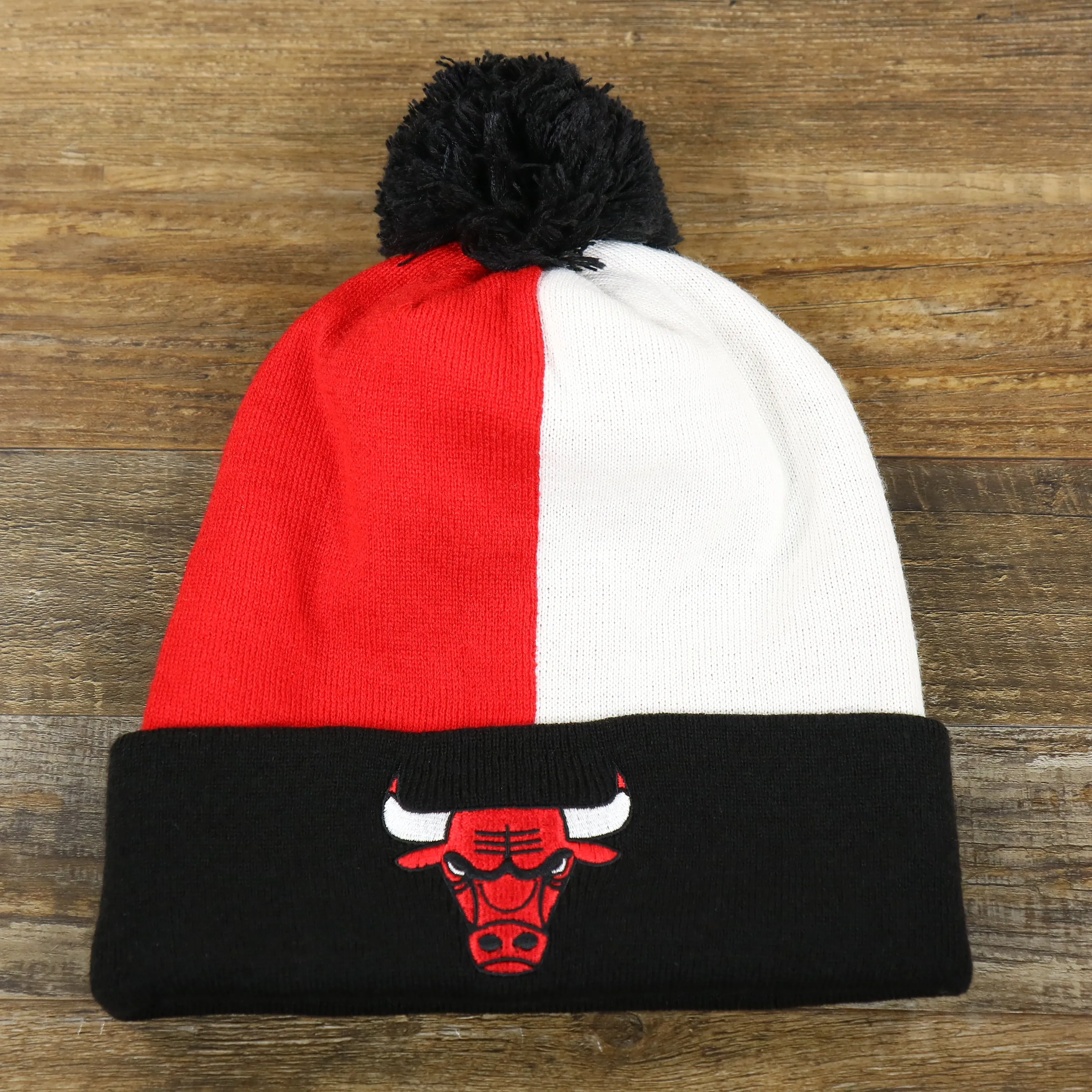 Chicago Bulls Beanie - Red, White, and Black Cuffed Logo Split Beanie with Pom Pom