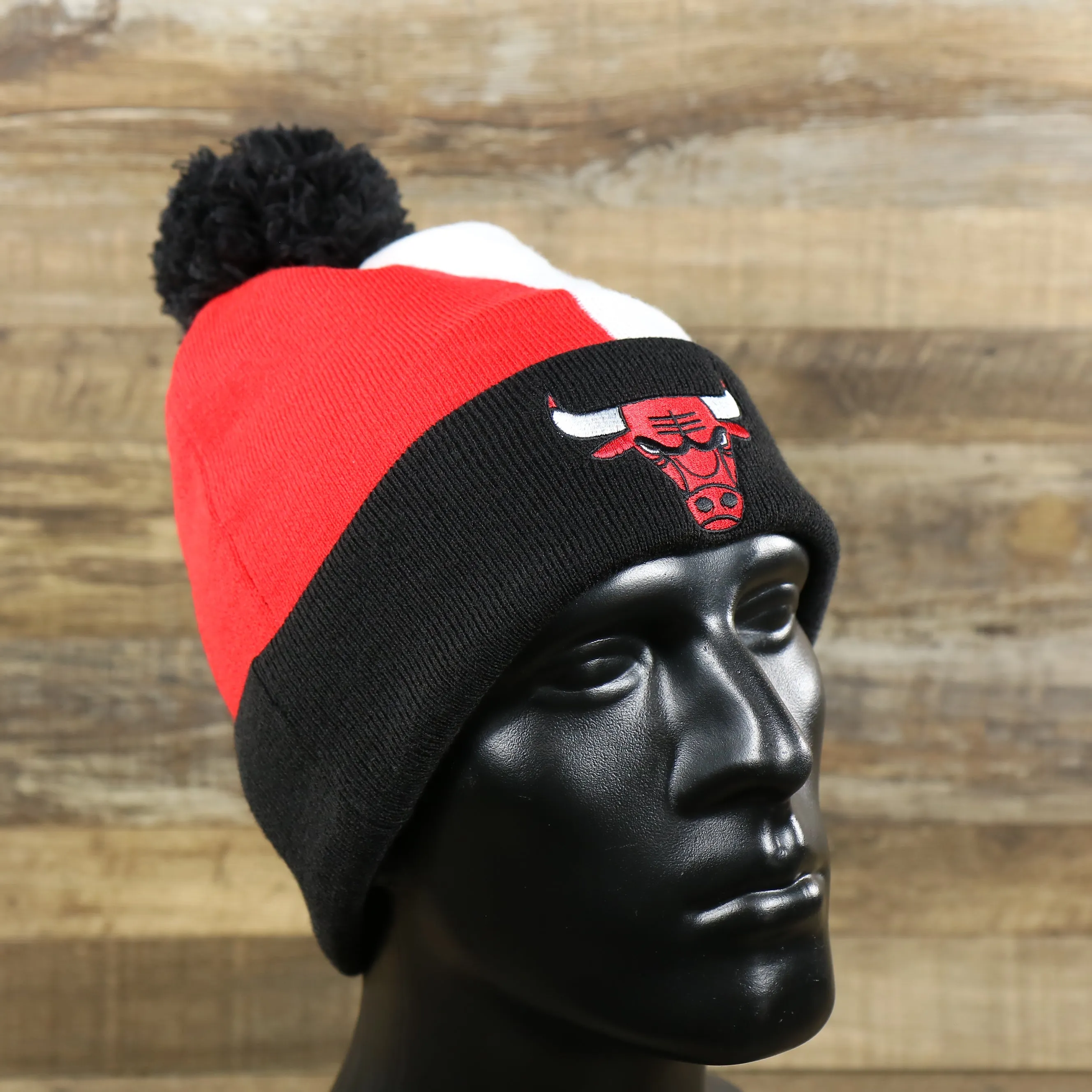 Chicago Bulls Beanie - Red, White, and Black Cuffed Logo Split Beanie with Pom Pom