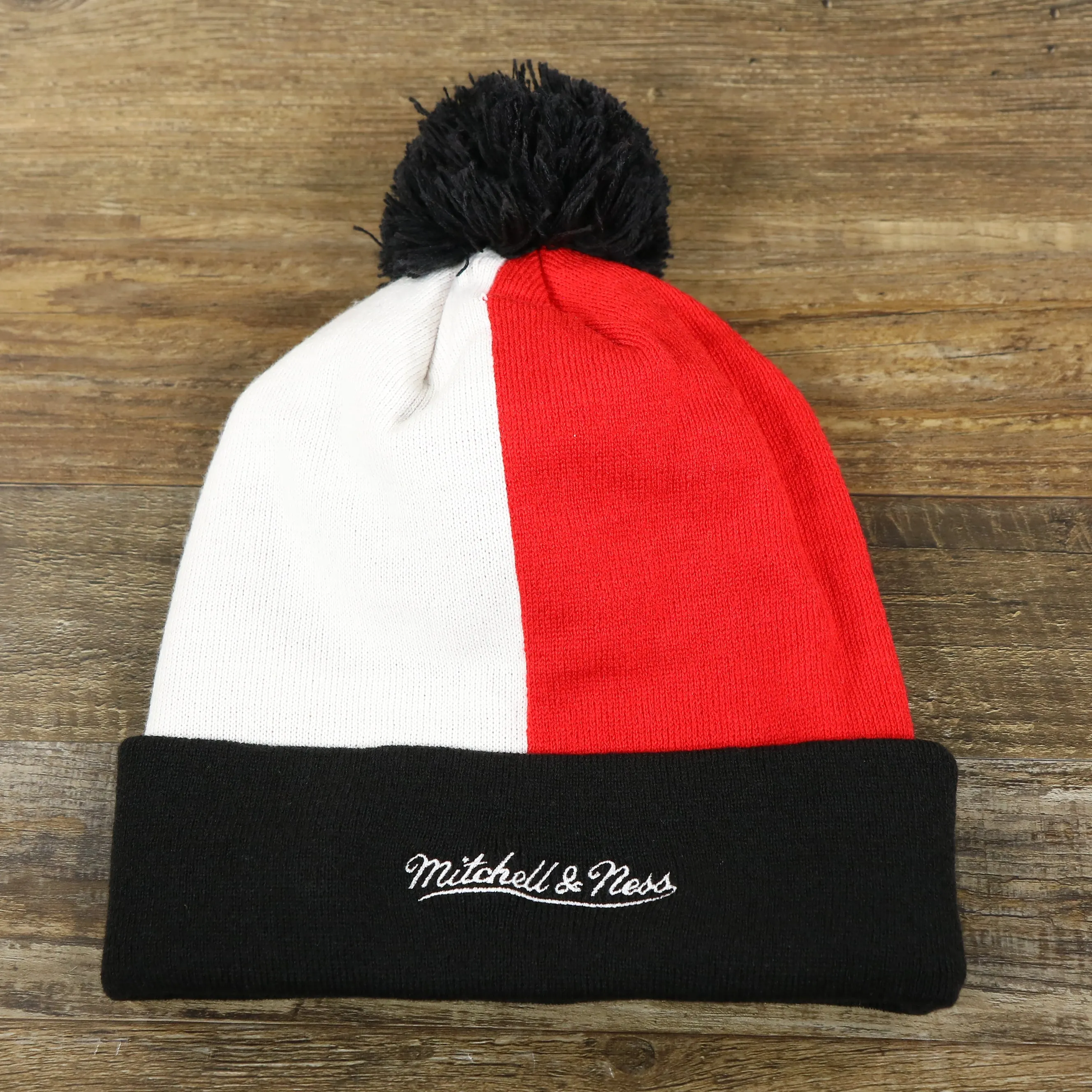 Chicago Bulls Beanie - Red, White, and Black Cuffed Logo Split Beanie with Pom Pom