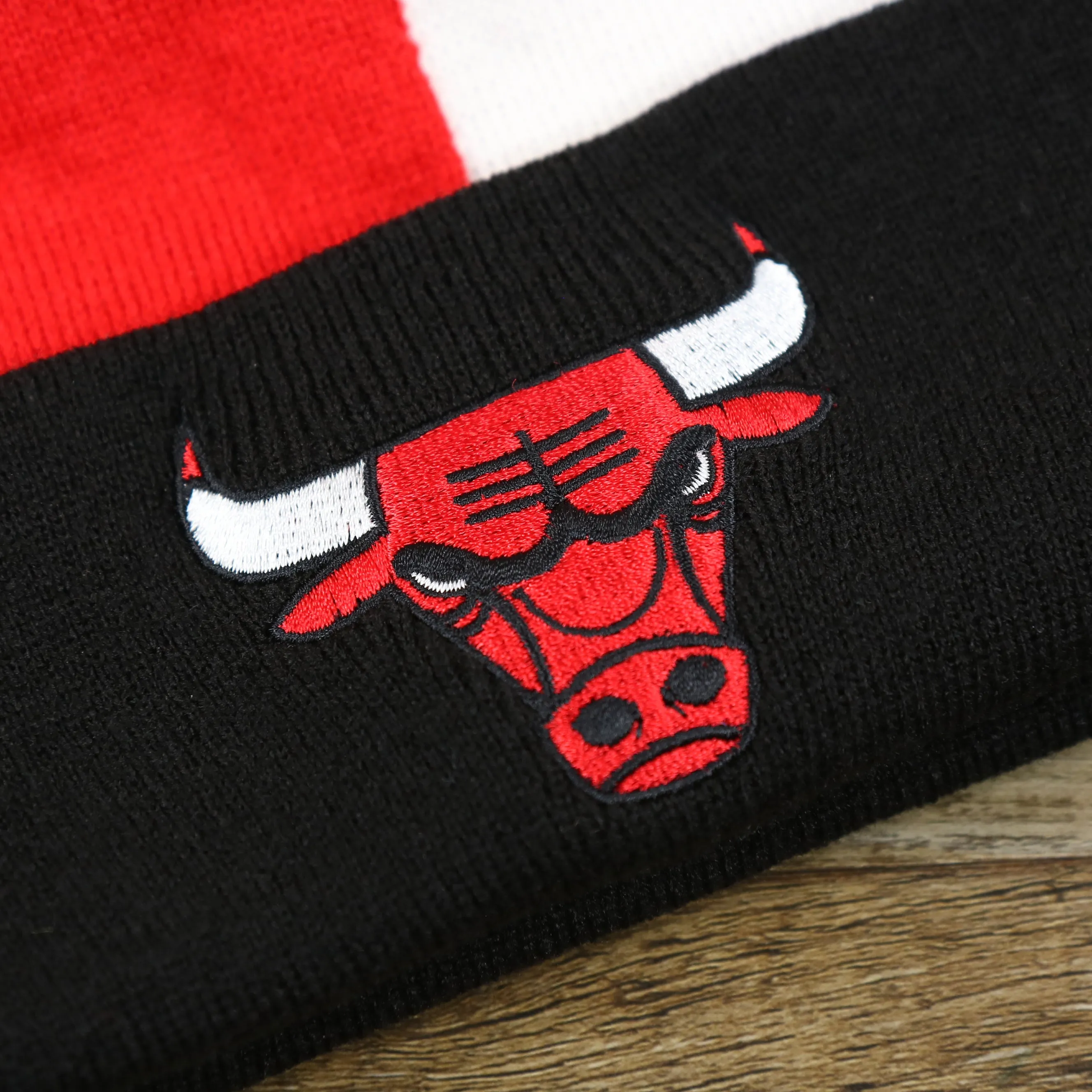 Chicago Bulls Beanie - Red, White, and Black Cuffed Logo Split Beanie with Pom Pom