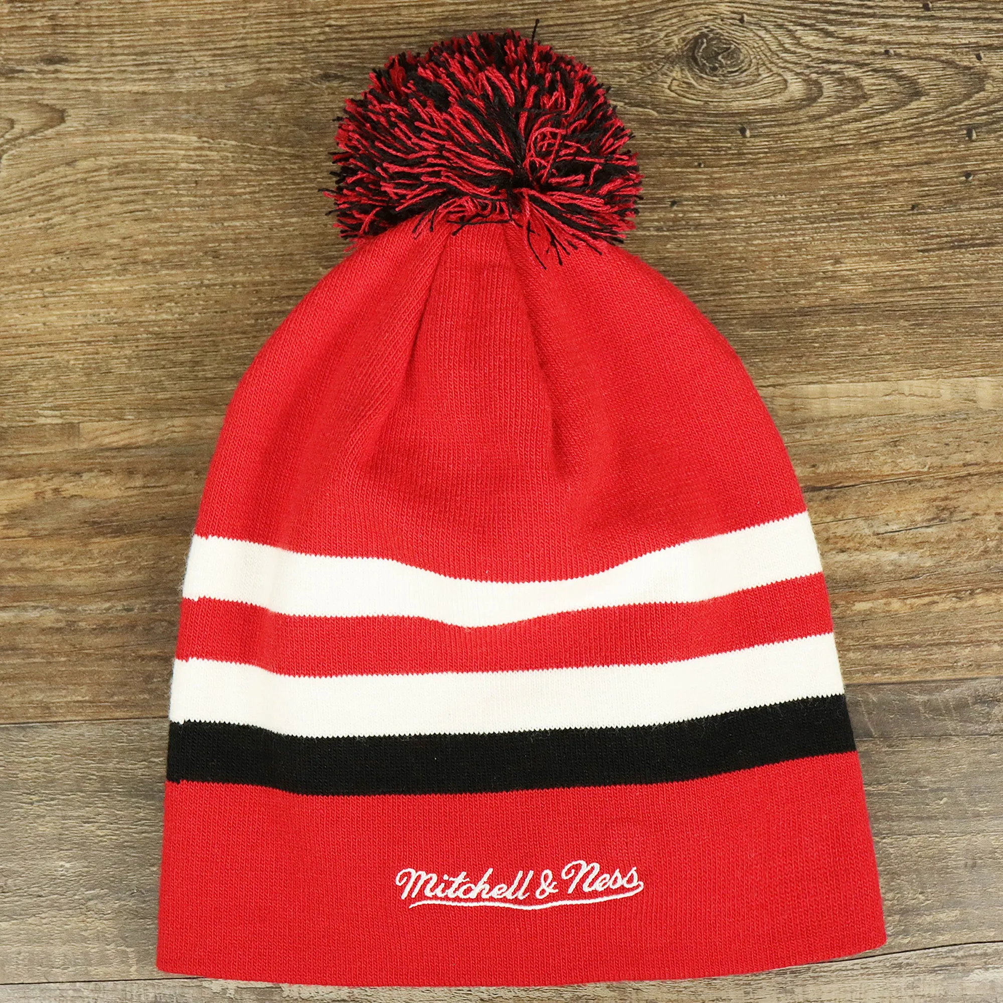 Chicago Bulls NFL Winter Pom Pom Beanie - Red Cuffless Knit Hat