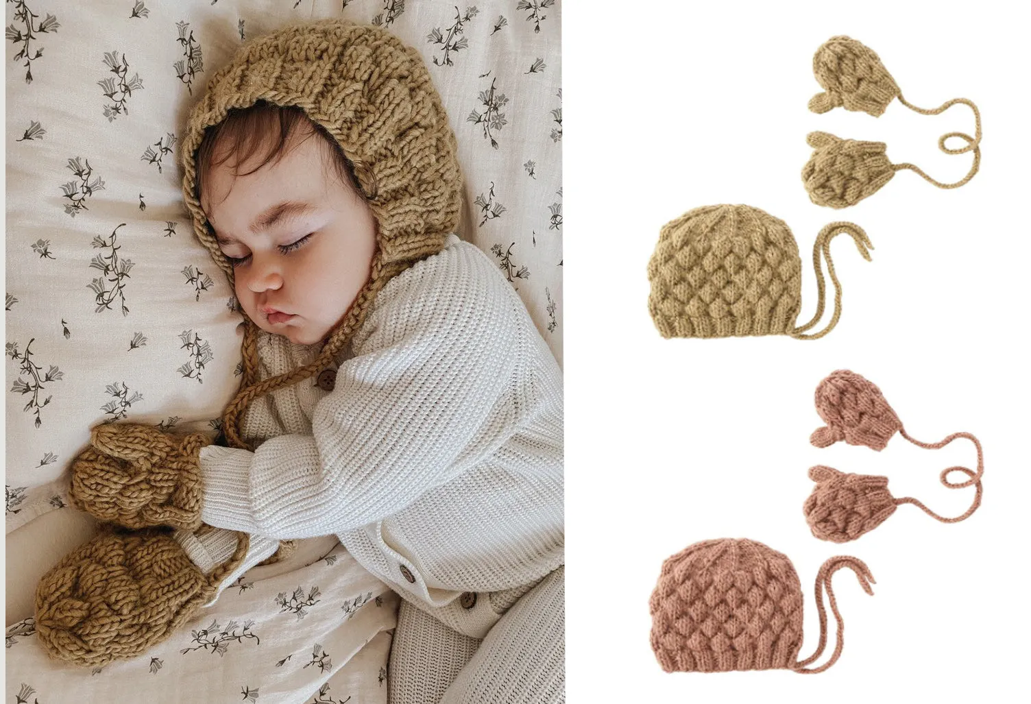 Chloe Set: hand-knitted bonnet and matching mittens and gloves - cream or dusty color.