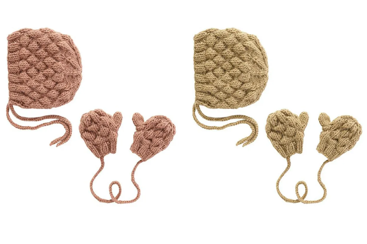 Chloe Set: hand-knitted bonnet and matching mittens and gloves - cream or dusty color.